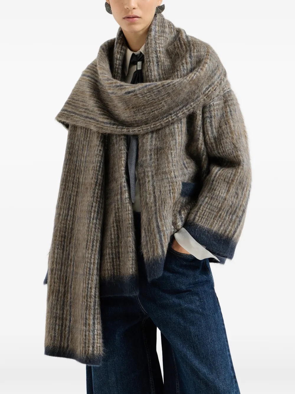 Brunello Cucinelli Prince of Wales mohair en wollen dubbel gebreid jack met sjaal Bruin