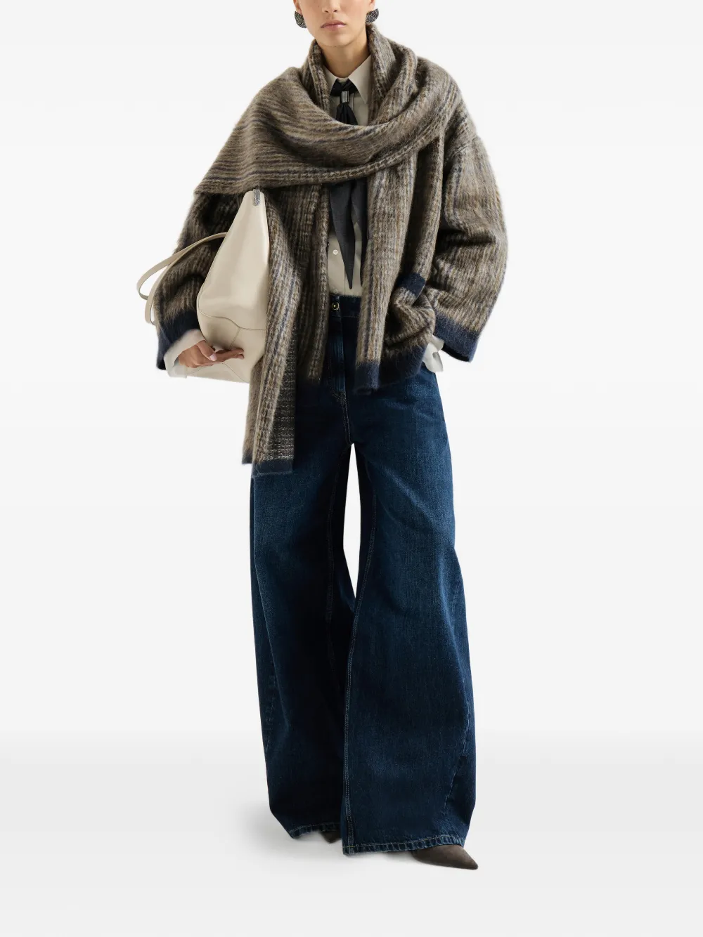 Brunello Cucinelli Prince of Wales mohair en wollen dubbel gebreid jack met sjaal Bruin