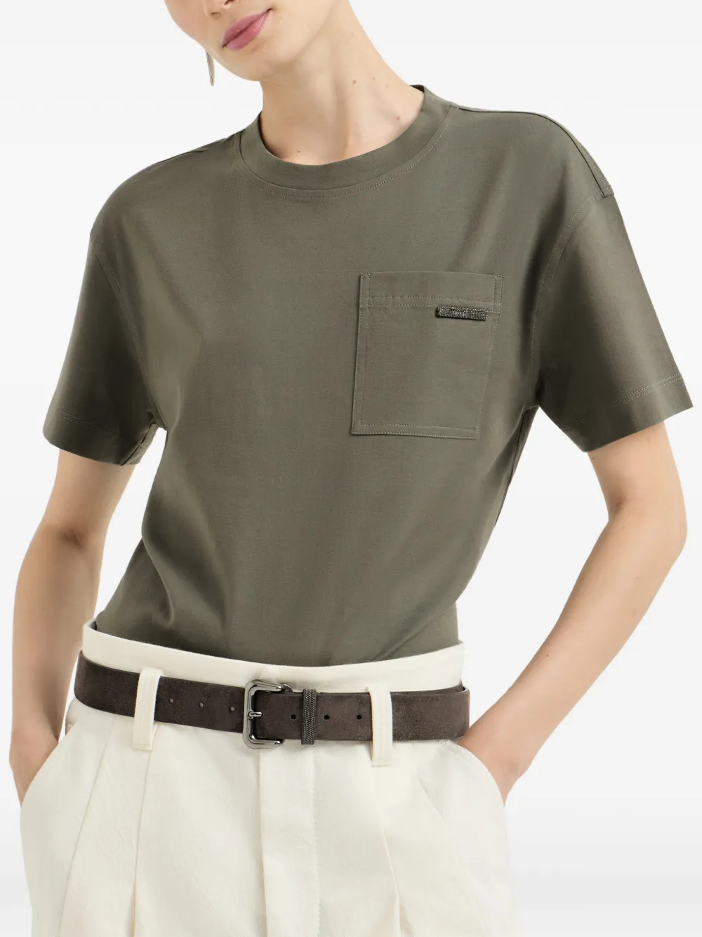 Brunello Cucinelli Jersey katoenen T-shirt met glanzende lus Groen
