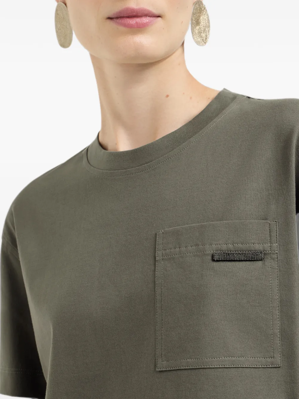 Brunello Cucinelli Jersey katoenen T-shirt met glanzende lus Groen