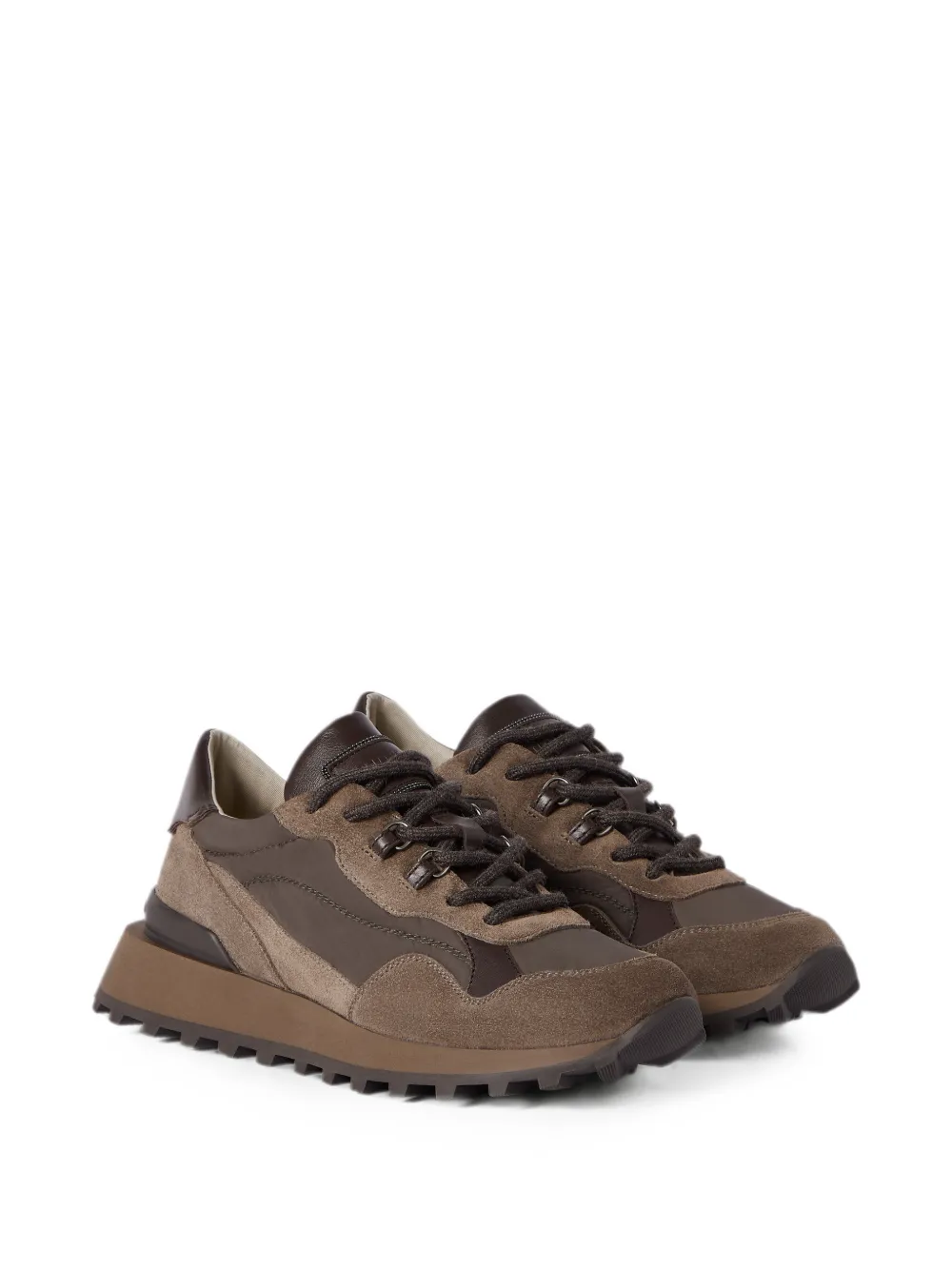 Brunello Cucinelli Suède en techno katoenen sneakers met glanzend detail Bruin