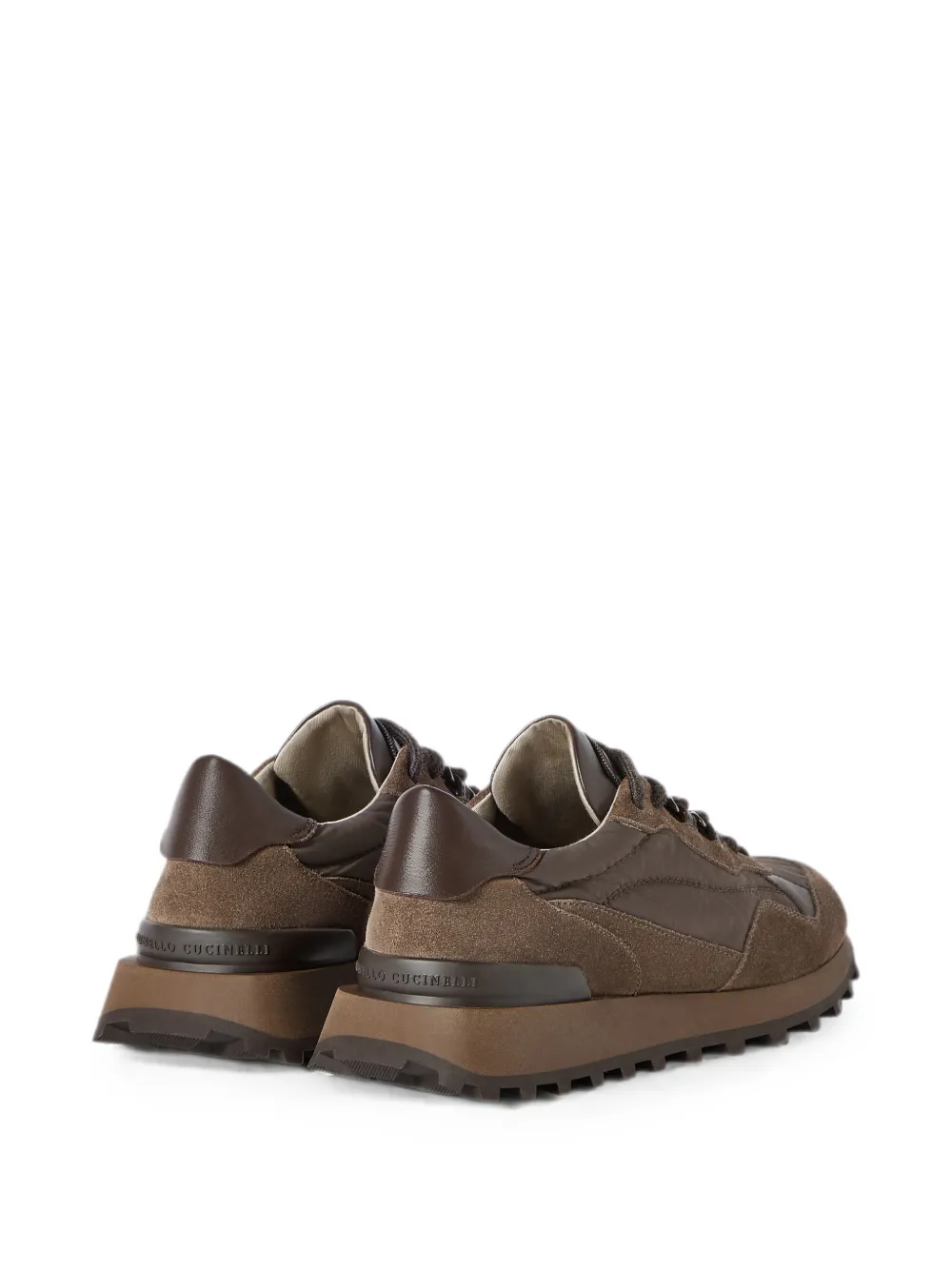 Brunello Cucinelli Suède en techno katoenen sneakers met glanzend detail Bruin