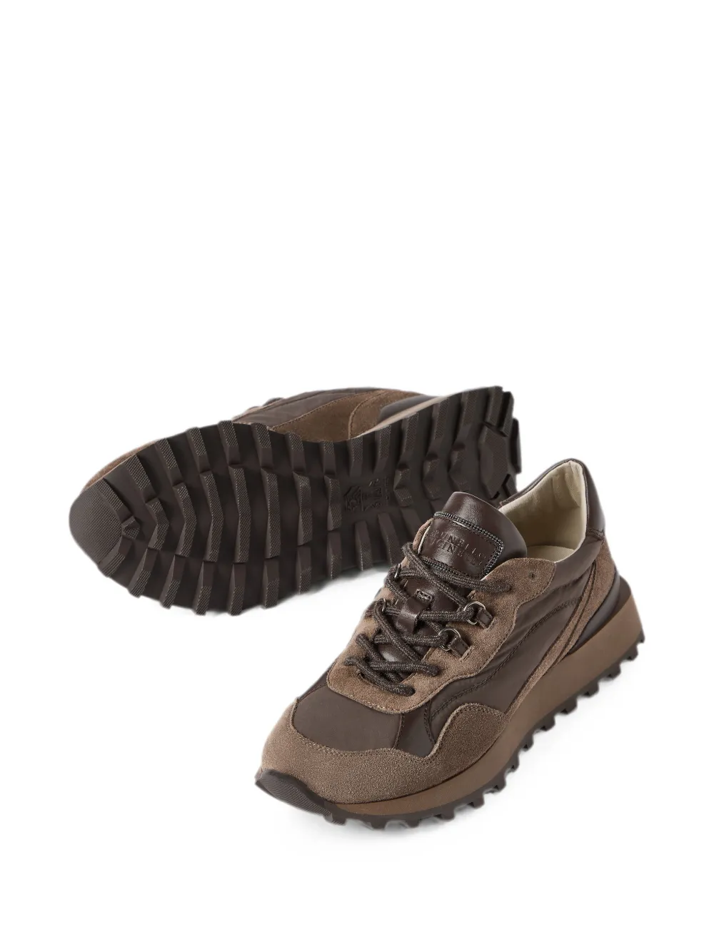 Brunello Cucinelli Suède en techno katoenen sneakers met glanzend detail Bruin