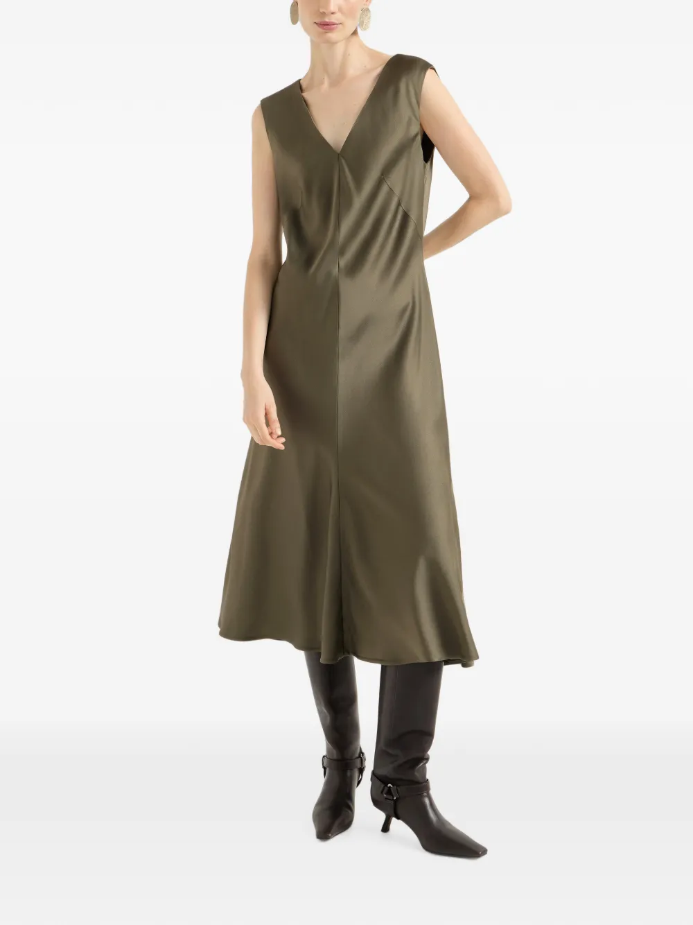 Brunello Cucinelli Flared satijnen-cady jurk met Monili Groen