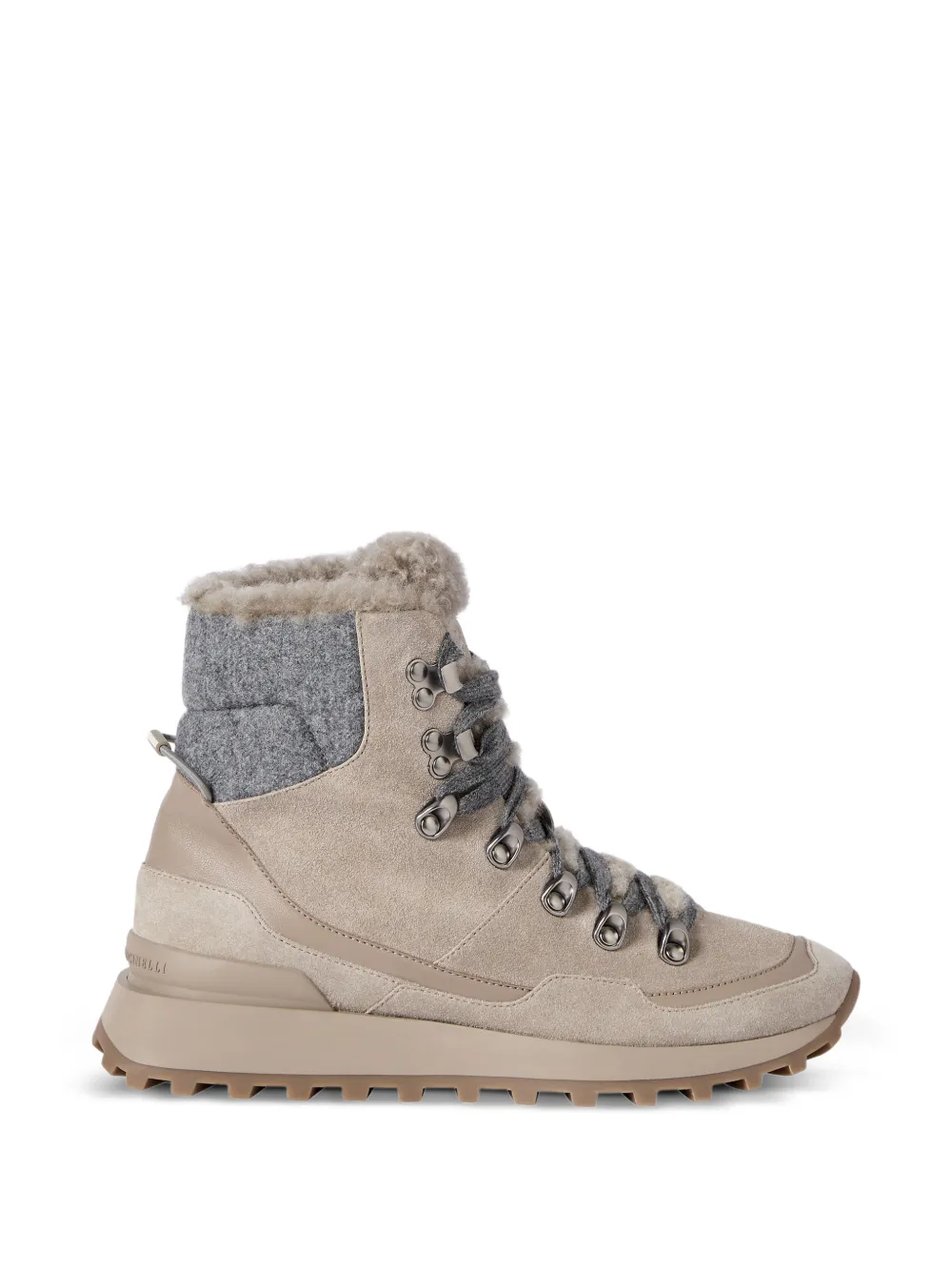 Brunello Cucinelli Suède sneakers met gebreid inzetstuk en lammy voering Beige