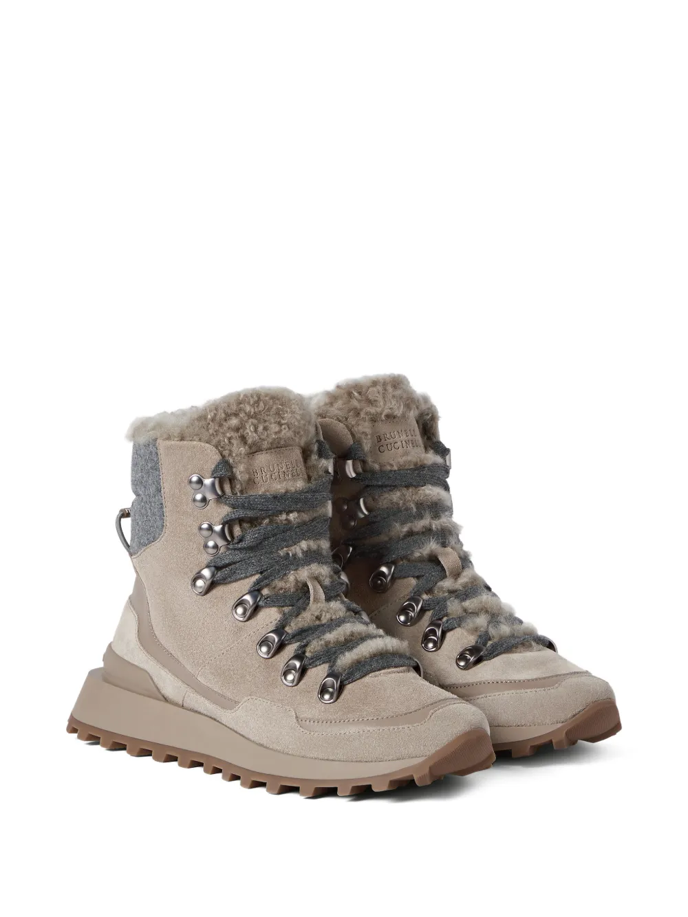 Brunello Cucinelli Suède sneakers met gebreid inzetstuk en lammy voering Beige