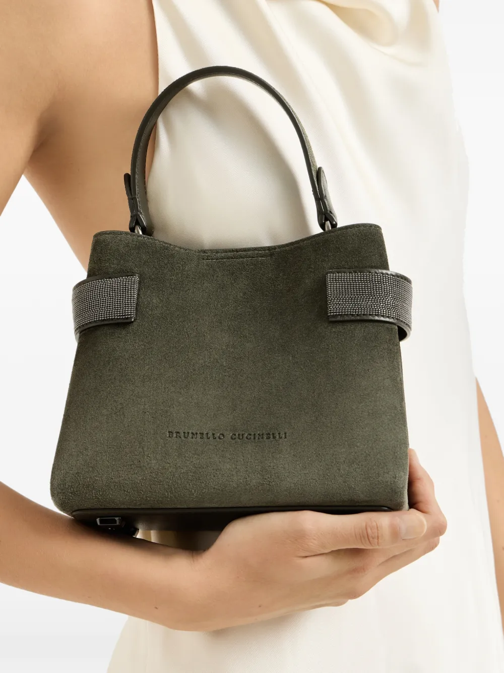 Brunello Cucinelli Kleine Essence suède tas met handvat en banden Groen