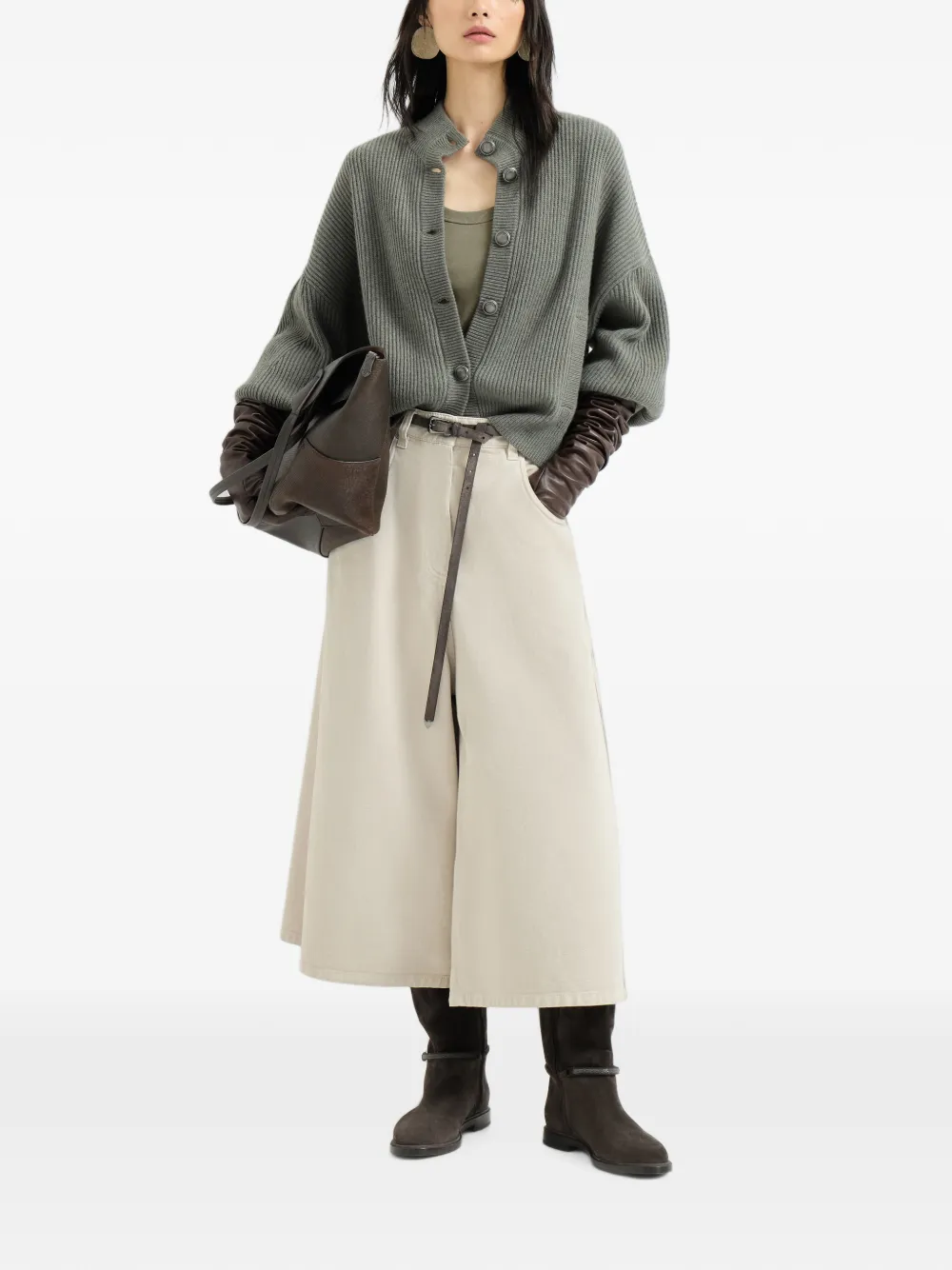 Brunello Cucinelli Stretch-katoenen geribbelde jersey top met Monili-verfraaiing Groen