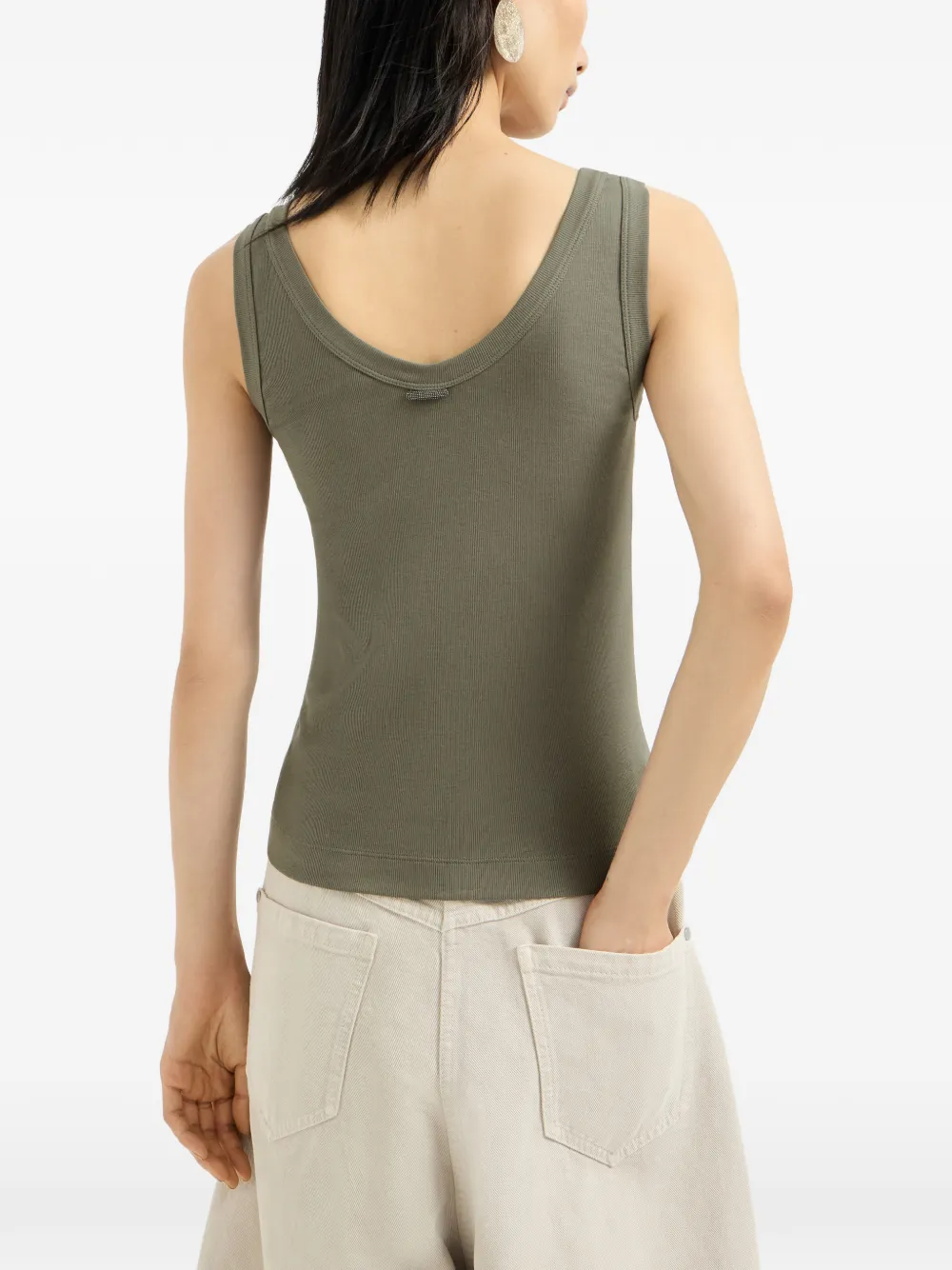 Brunello Cucinelli Stretch-katoenen geribbelde jersey top met Monili-verfraaiing Groen