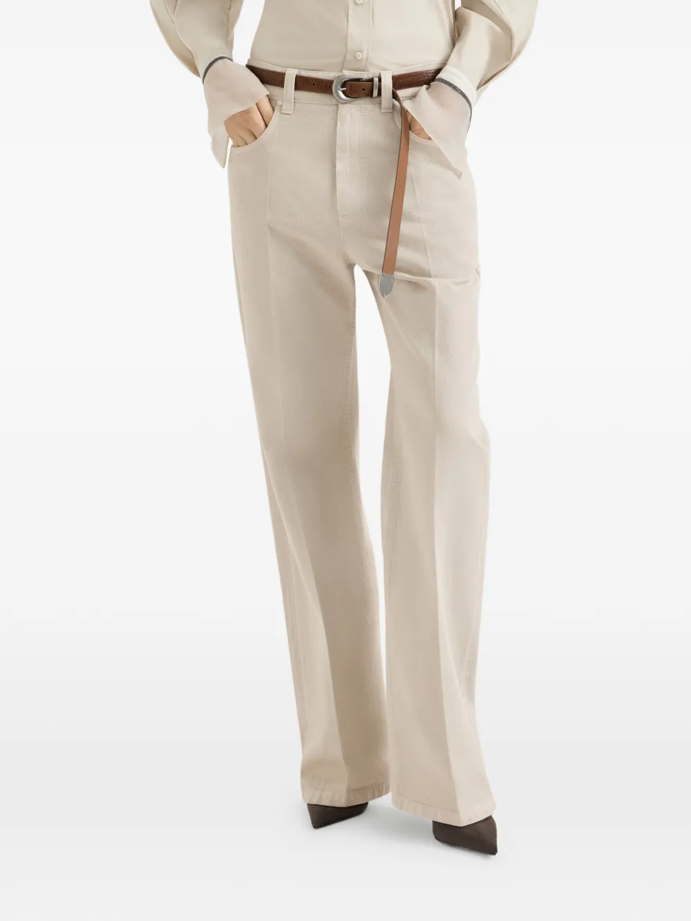 Brunello Cucinelli Losvallende denim broek met geverfd-effect Beige
