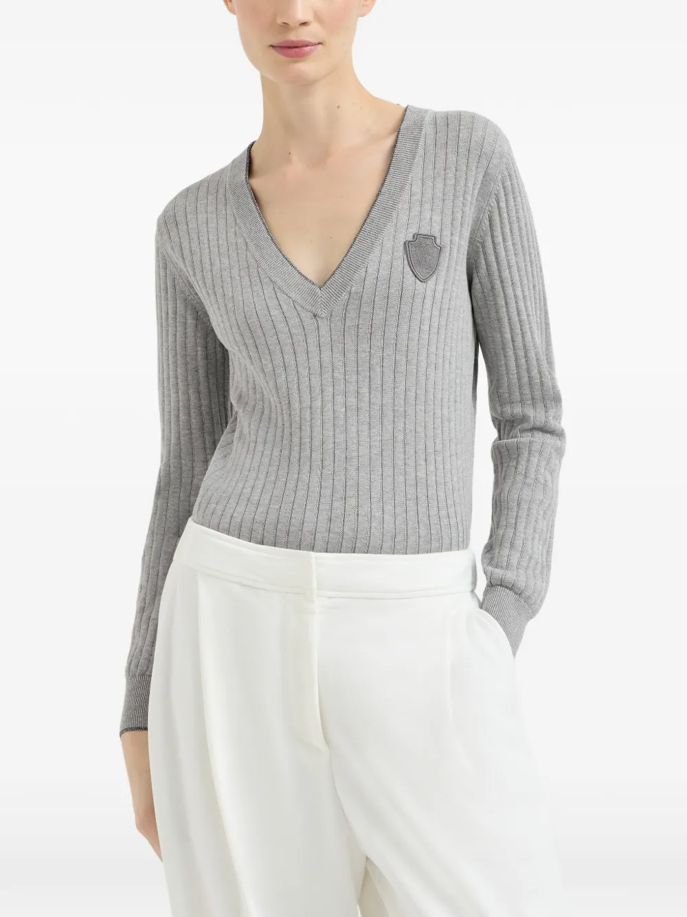 Brunello Cucinelli Katoenen geribbelde trui met logo Grijs