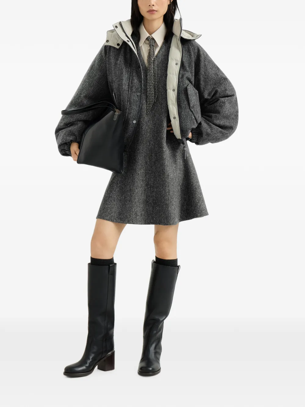 Brunello Cucinelli Donegal mini-jurk van scheerwol met Monili Grijs
