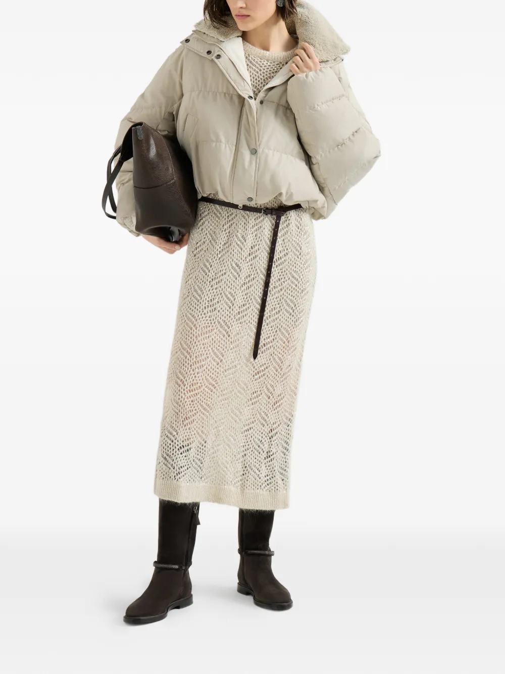 Brunello Cucinelli Donsjack van technische katoentaffeta met uitneembare lammy binnenkant en monili Beige