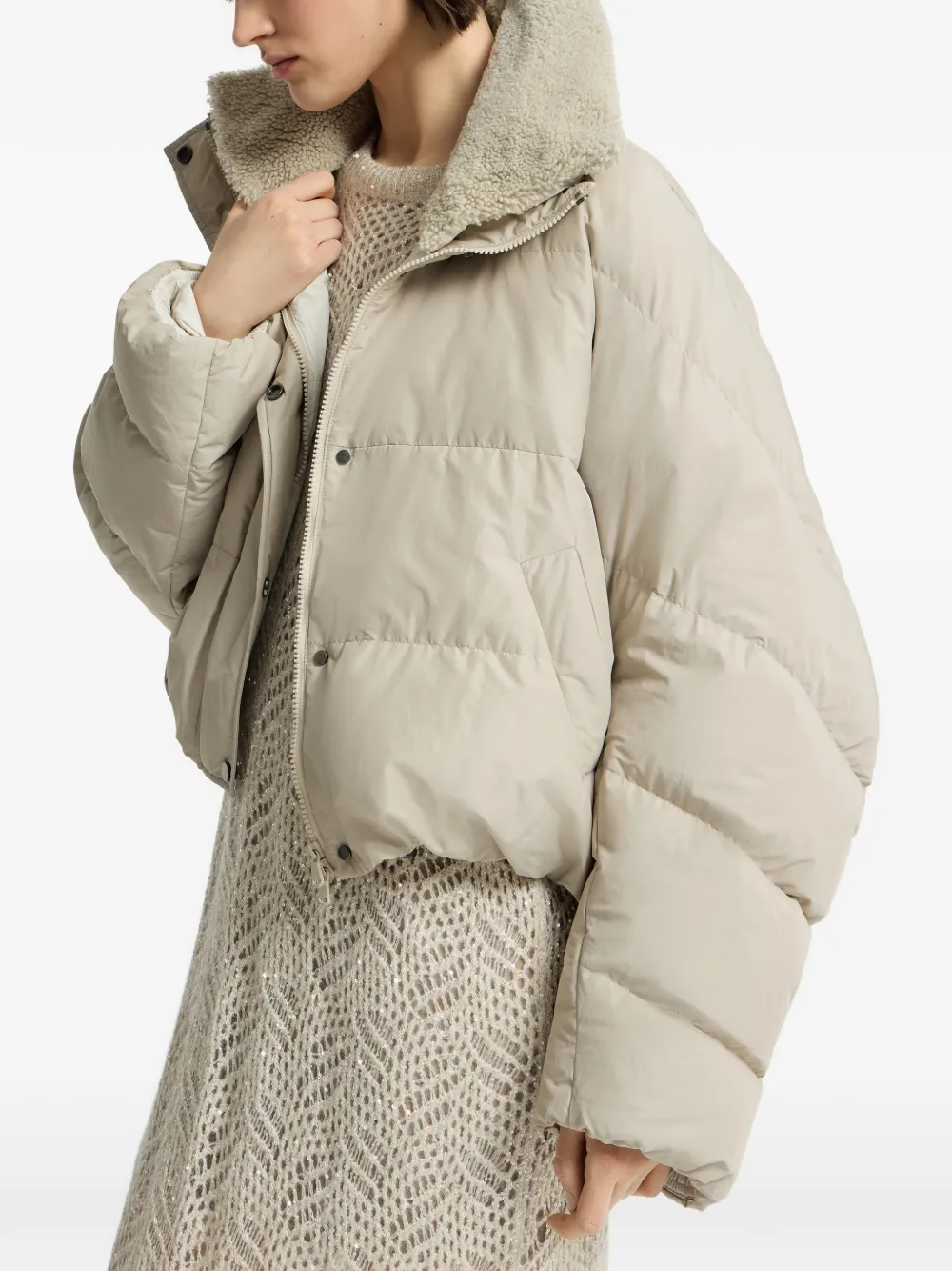 Brunello Cucinelli Donsjack van technische katoentaffeta met uitneembare lammy binnenkant en monili Beige
