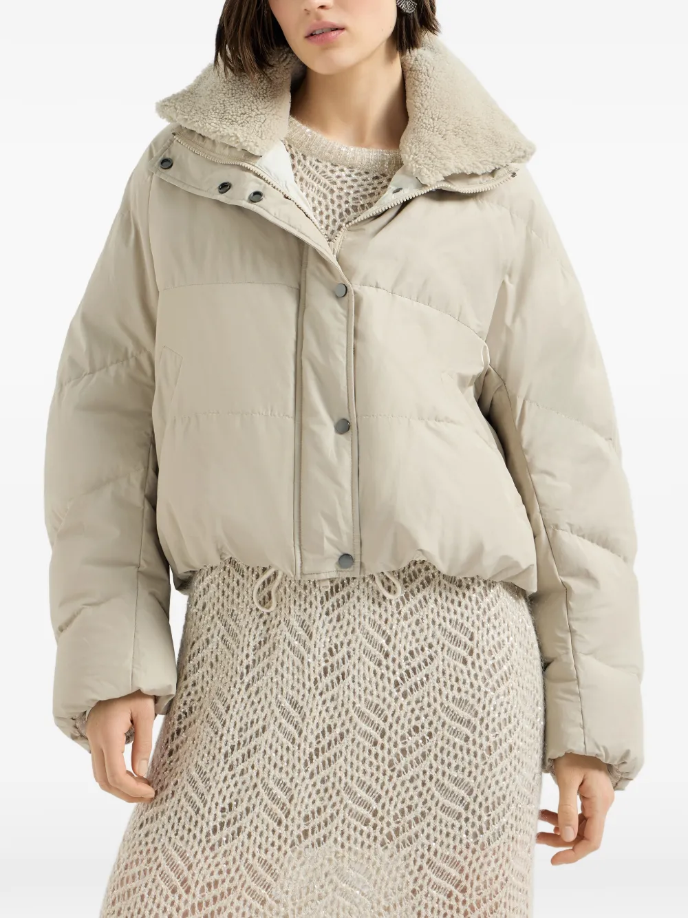 Brunello Cucinelli Donsjack van technische katoentaffeta met uitneembare lammy binnenkant en monili Beige