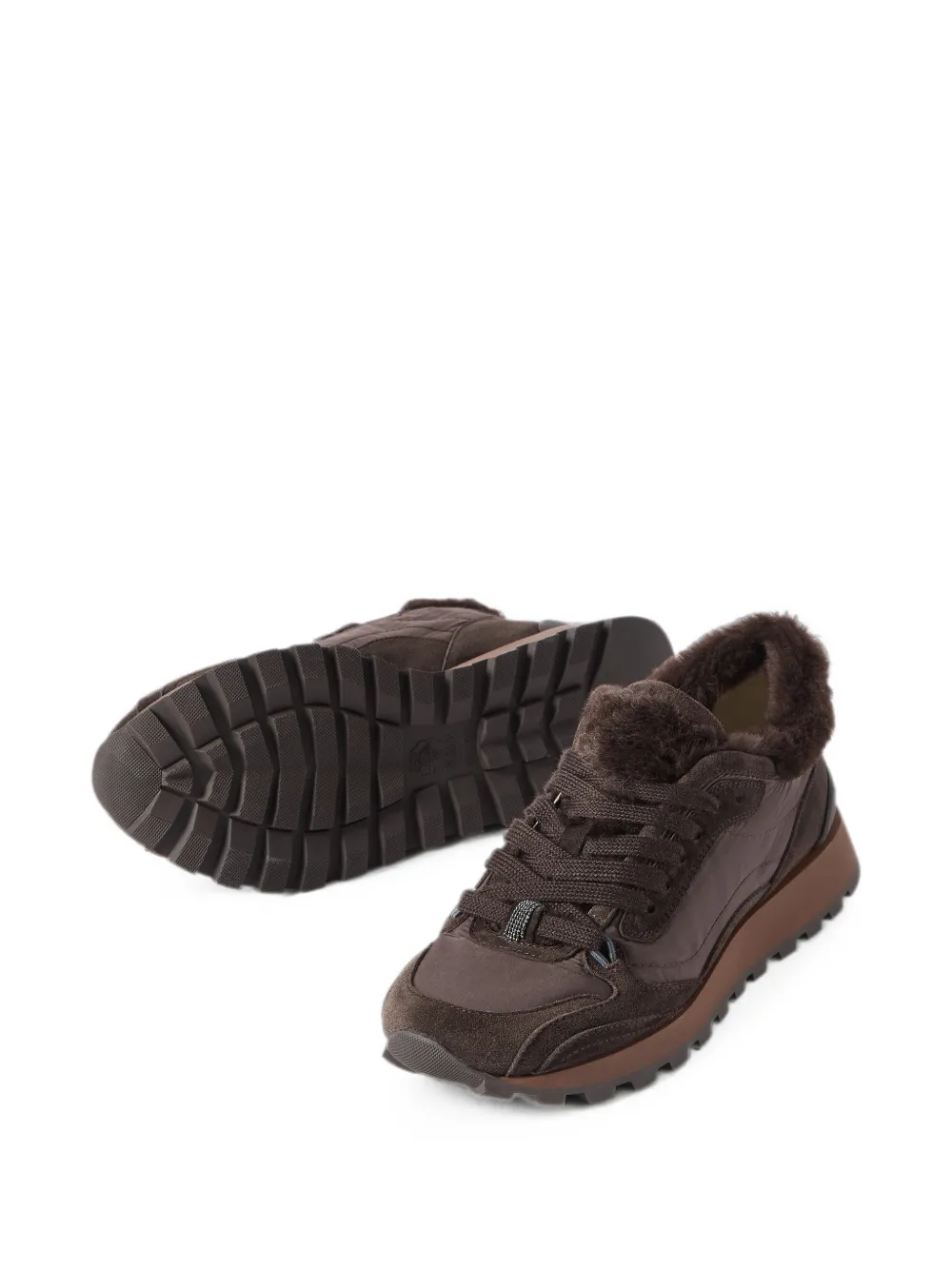 Brunello Cucinelli Suède en techno sneakers met lammy voering en monili Bruin