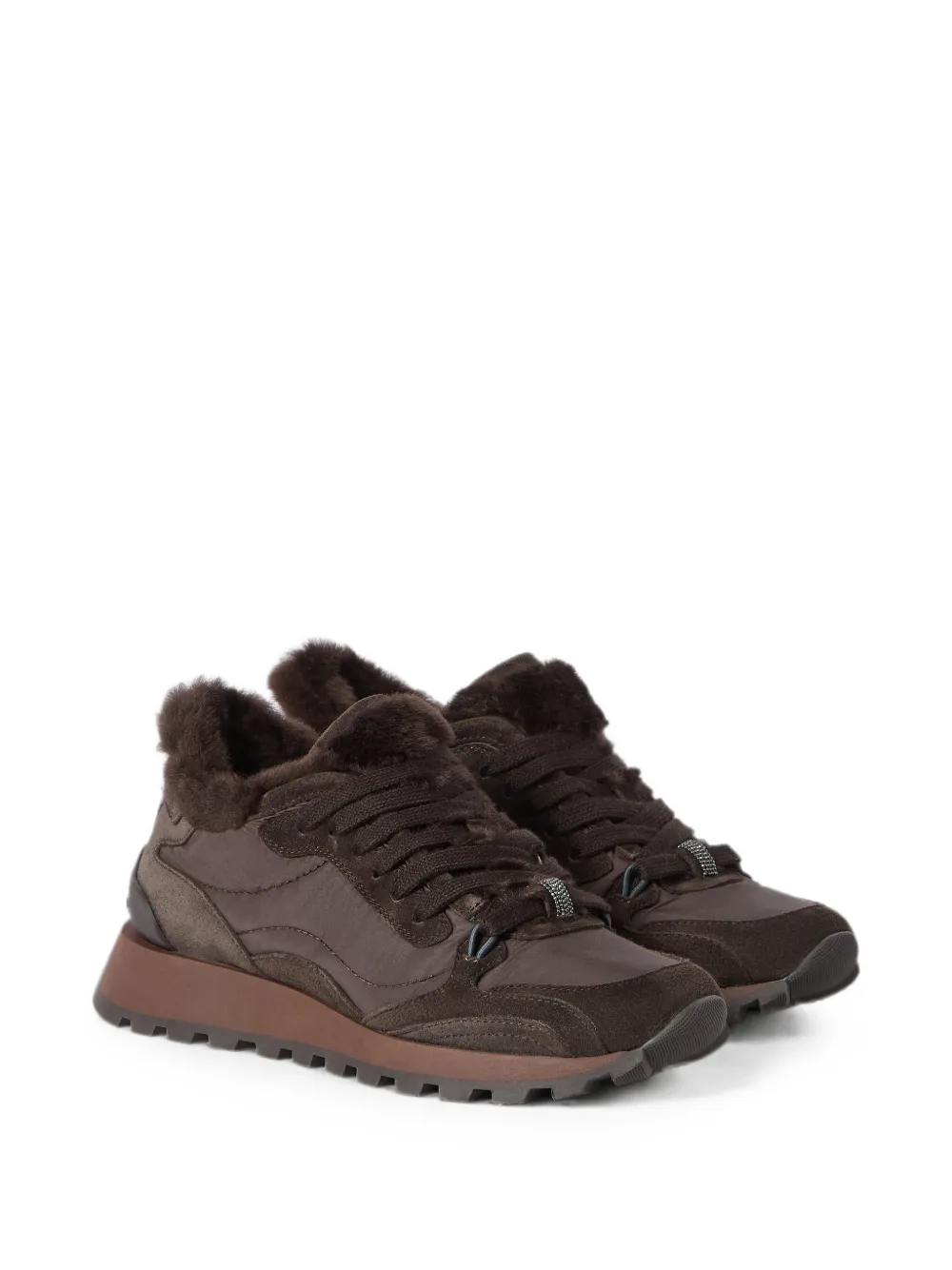 Brunello Cucinelli Suède en techno sneakers met lammy voering en monili Bruin