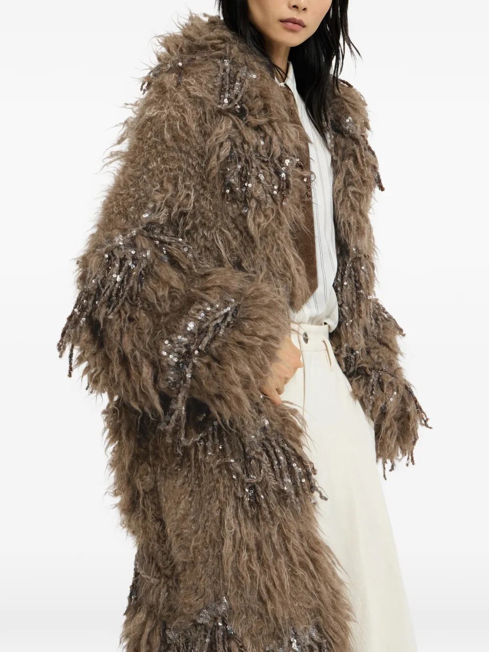 Brunello Cucinelli Dazzling Moss lang vest van mohair en wol met borduurwerk Bruin