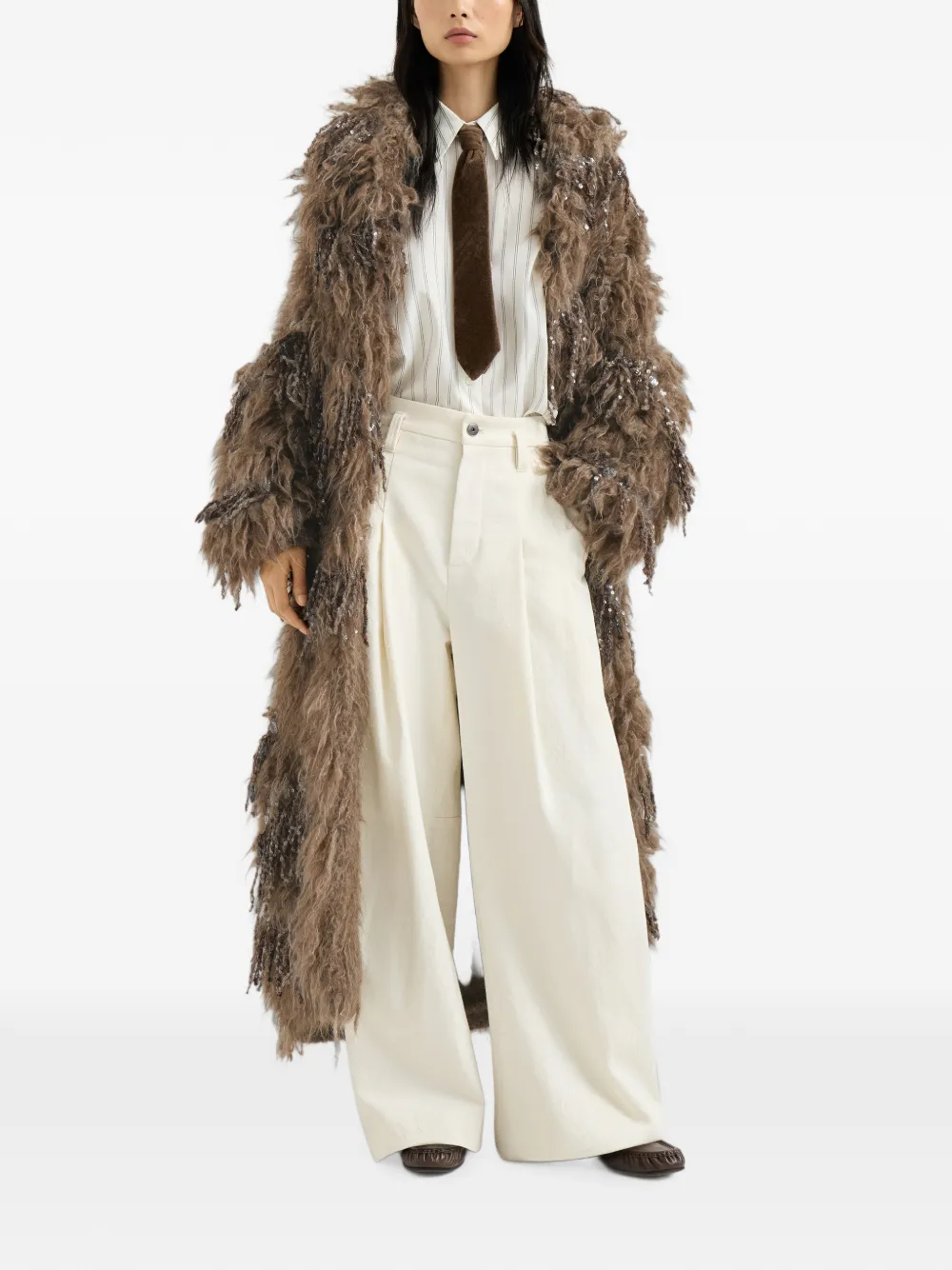 Brunello Cucinelli Dazzling Moss lang vest van mohair en wol met borduurwerk Bruin