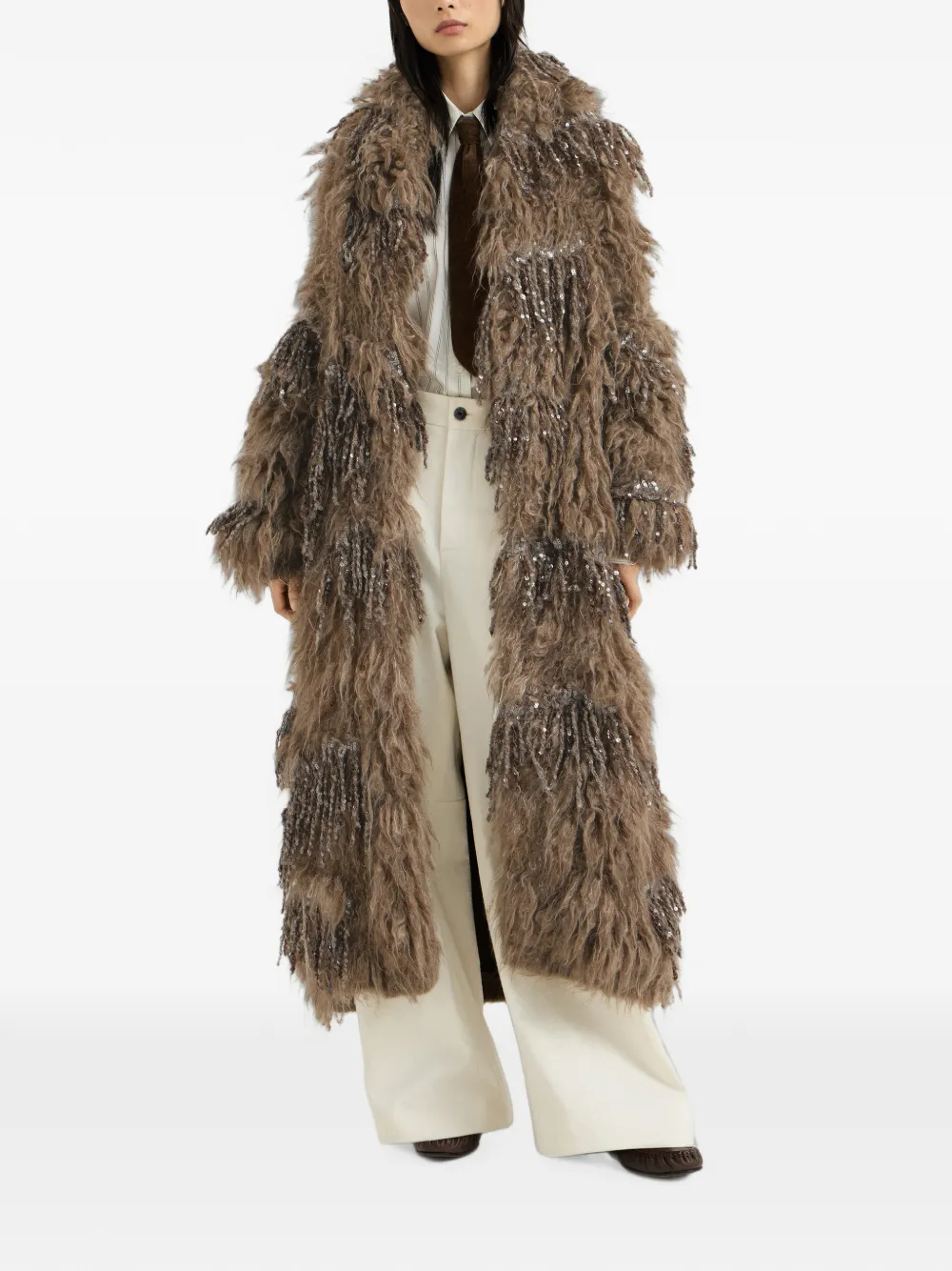 Brunello Cucinelli Dazzling Moss lang vest van mohair en wol met borduurwerk Bruin