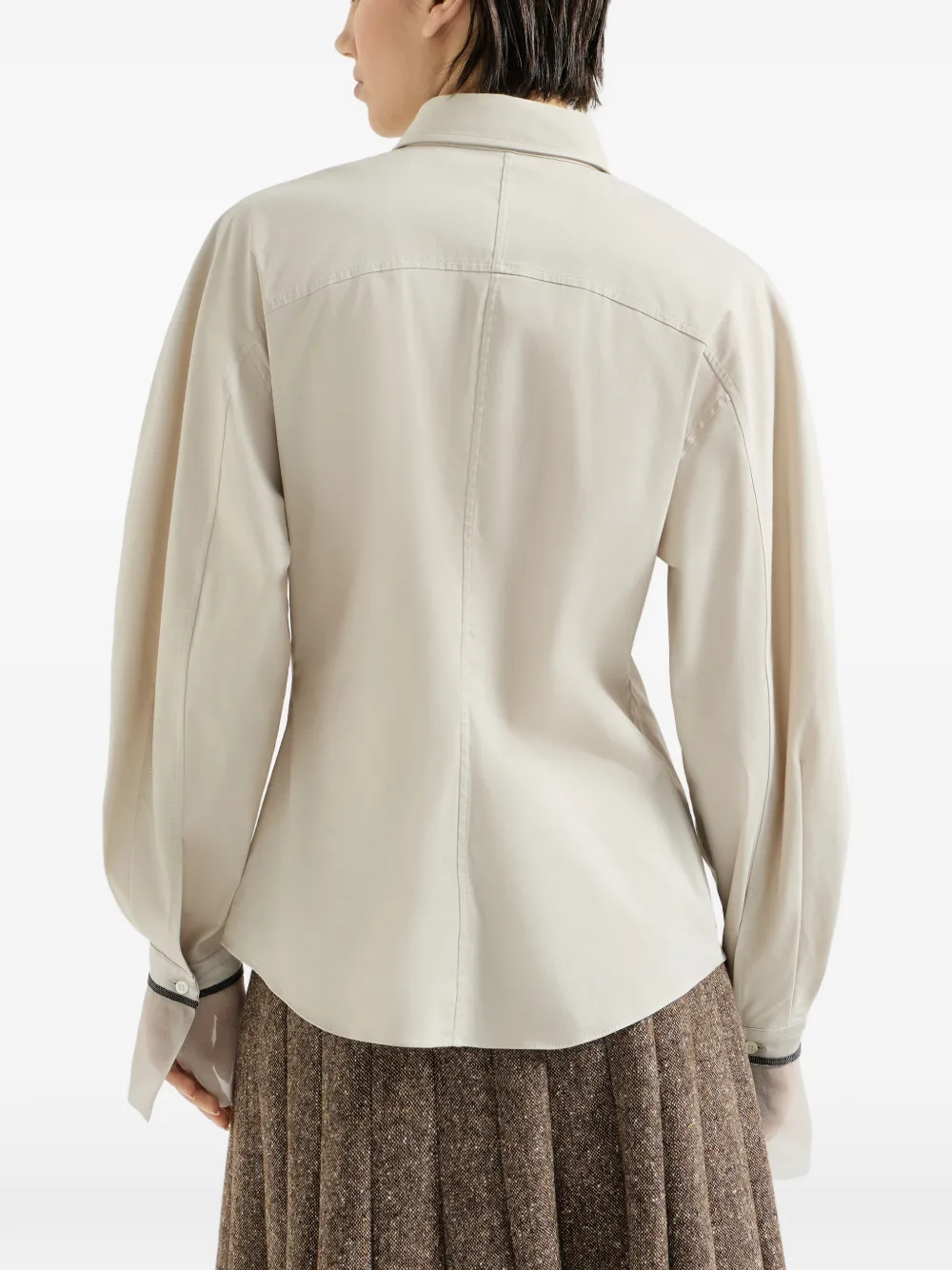 Brunello Cucinelli Stretch katoenen popeline blouse met glanzende zijden manchetten Beige