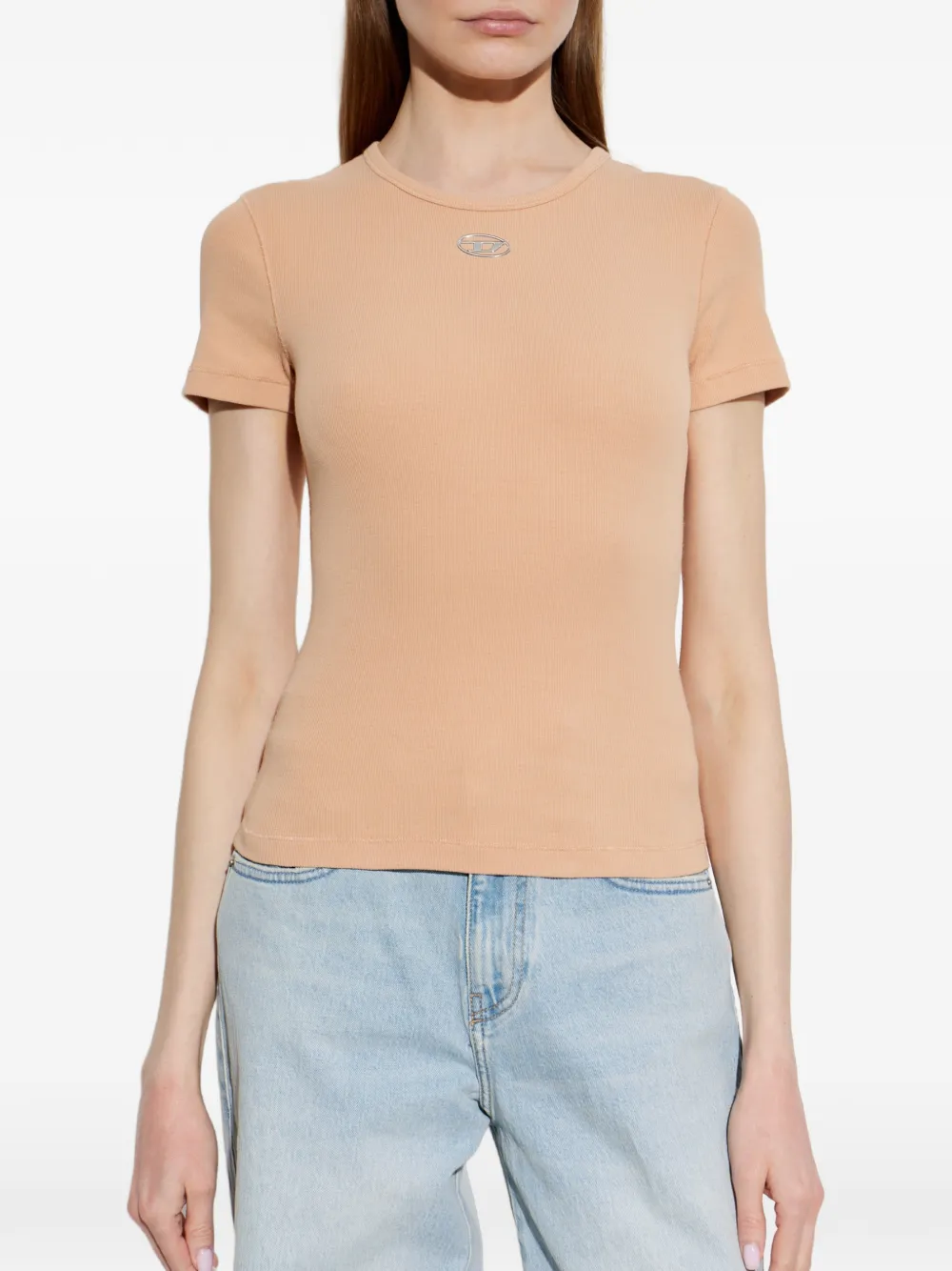 Diesel T-ELE-LONG-OD geribbeld T-shirt met logoplakkaat Beige