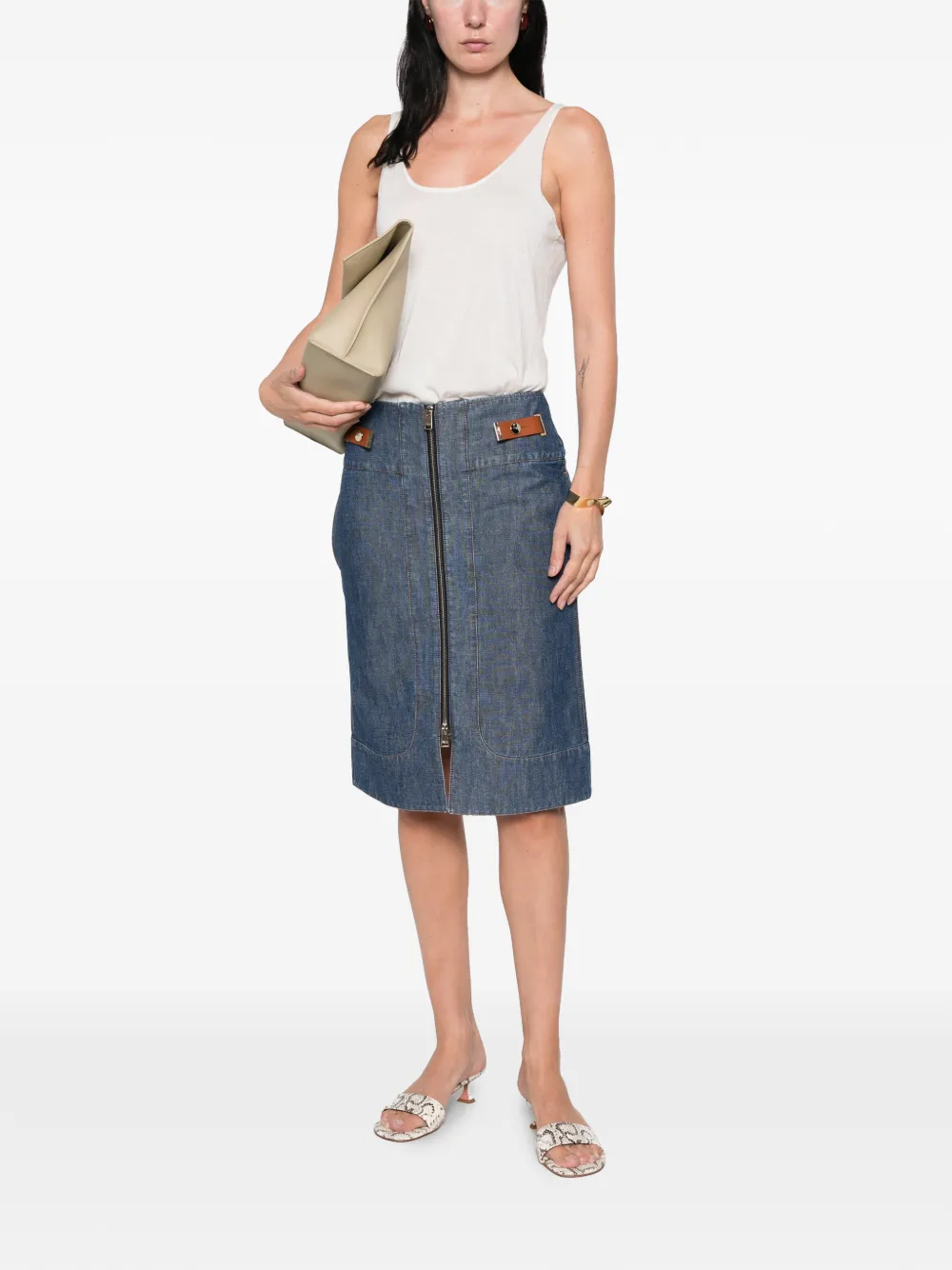 FENDI Denim rok met ritssluiting en leren detail Blauw