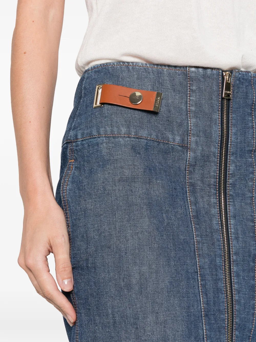 FENDI Denim rok met ritssluiting en leren detail Blauw