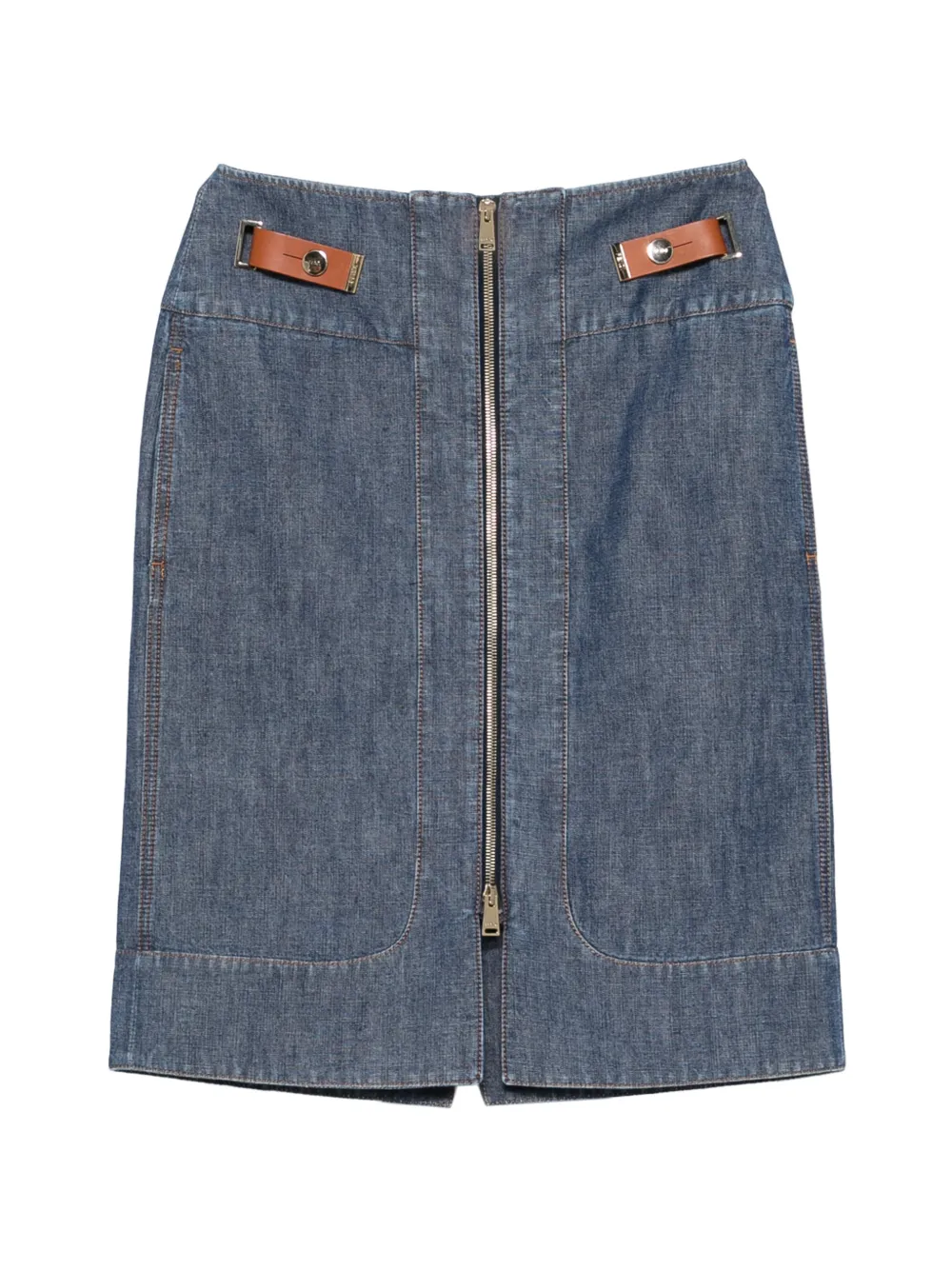 FENDI Denim rok met ritssluiting en leren detail Blauw
