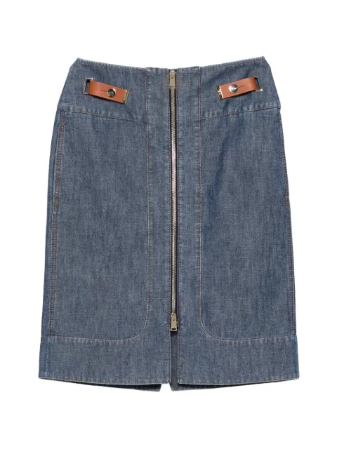 FENDI zip-front leather-trimmed denim midi skirt