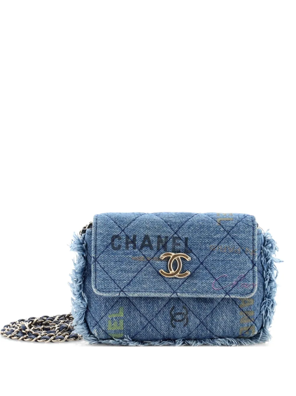 CHANEL Pre-Owned Denim Mood Flap Clutch with Chain Logo Printed Quilted Fringe Denim crossbody bag - Blu