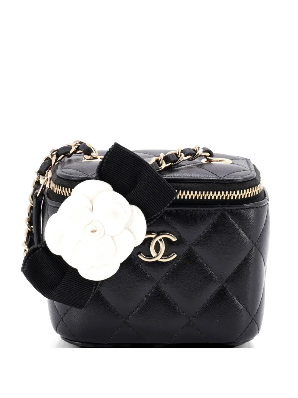 CHANEL Pre-Owned Camellia Bow Vanity Case with Chain Quilted Lambskin Mini crossbody bag - Nero