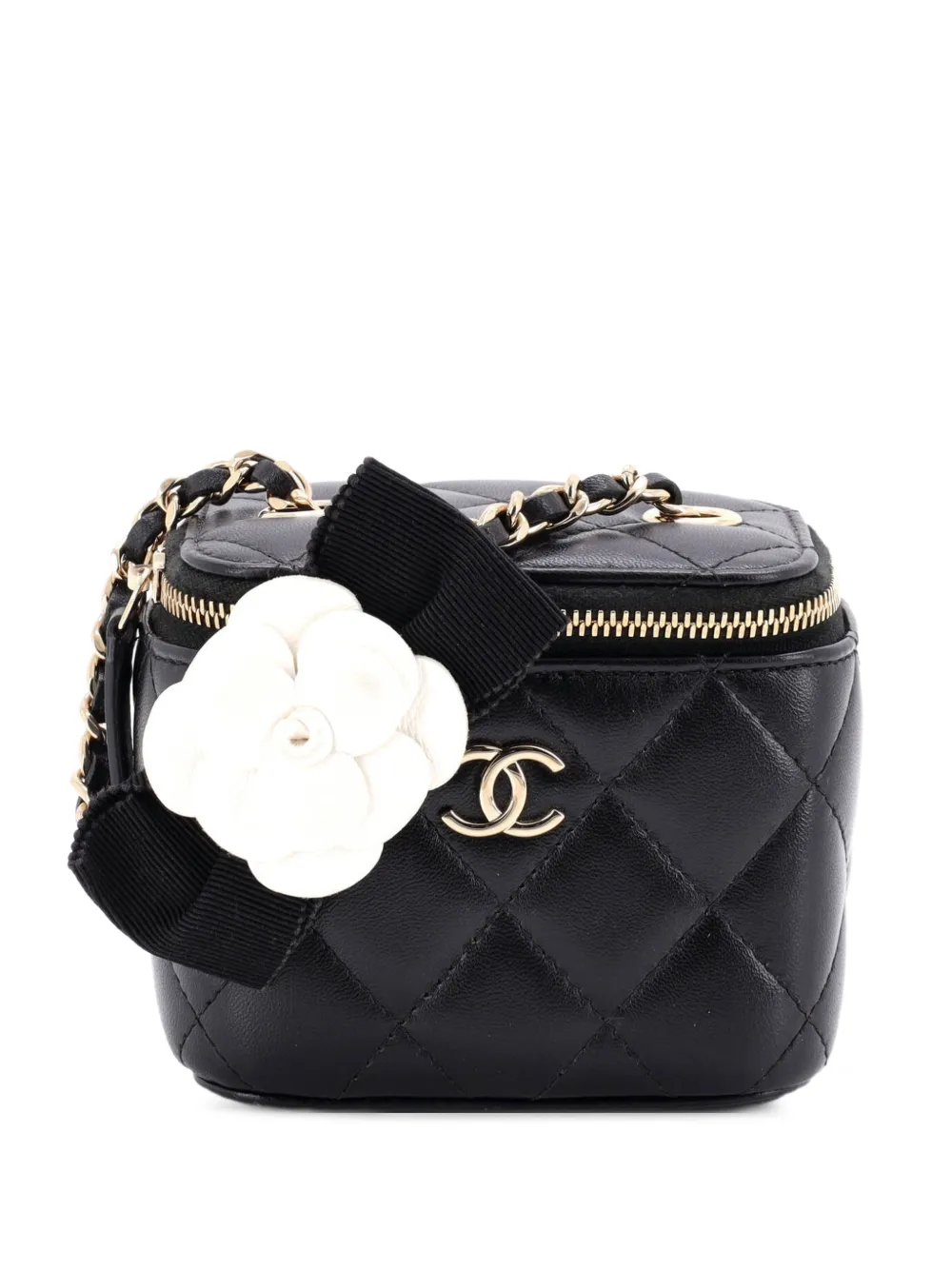 CHANEL Pre-Owned Camellia Bow Vanity Case with Chain Quilted Lambskin Mini crossbody bag - Black