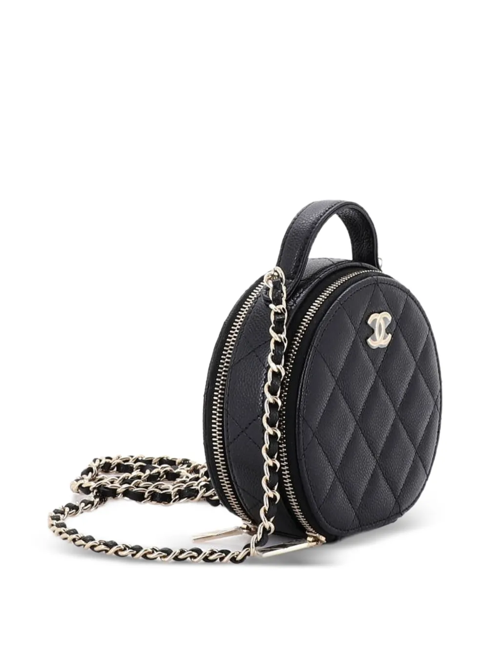 Chanel Pre-owned Handle with Care Round Vanity Case with Chain Quilted Caviar Small Crossbody Bag in Black, view 3
