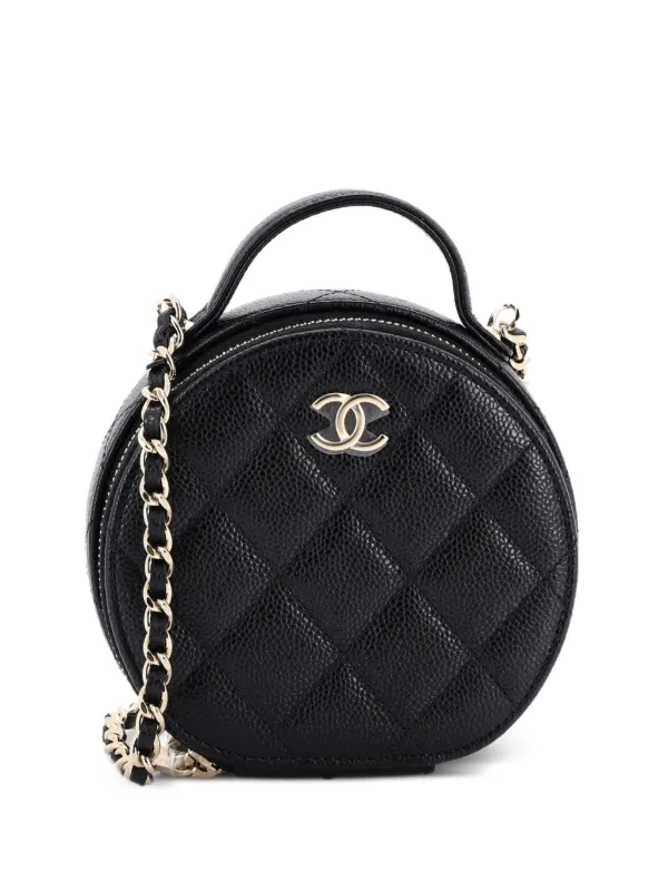 Chanel Pre-owned Handle with Care Round Vanity Case with Chain Quilted Caviar Small Crossbody Bag in Black