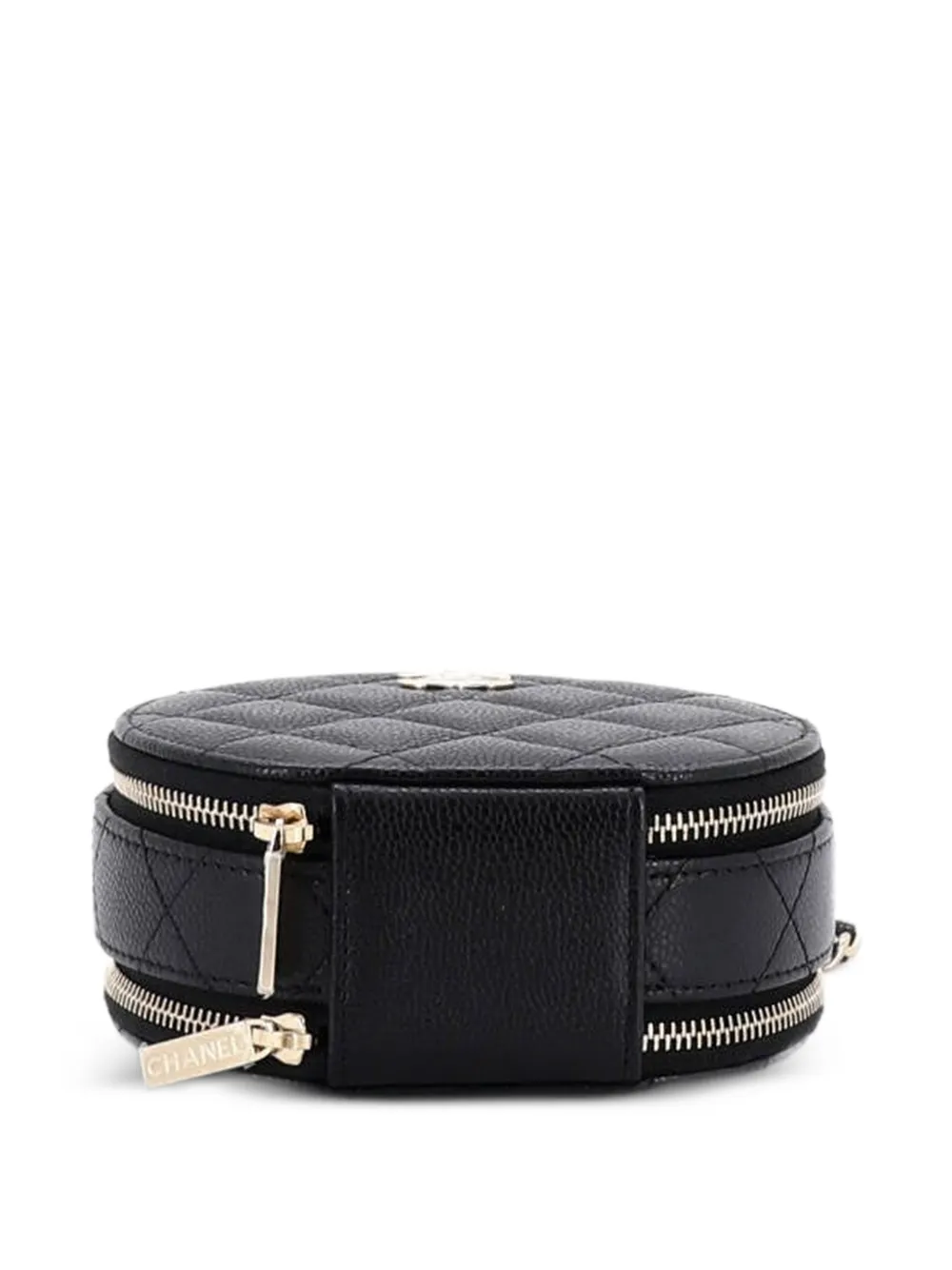 Chanel Pre-owned Handle with Care Round Vanity Case with Chain Quilted Caviar Small Crossbody Bag in Black, view 4