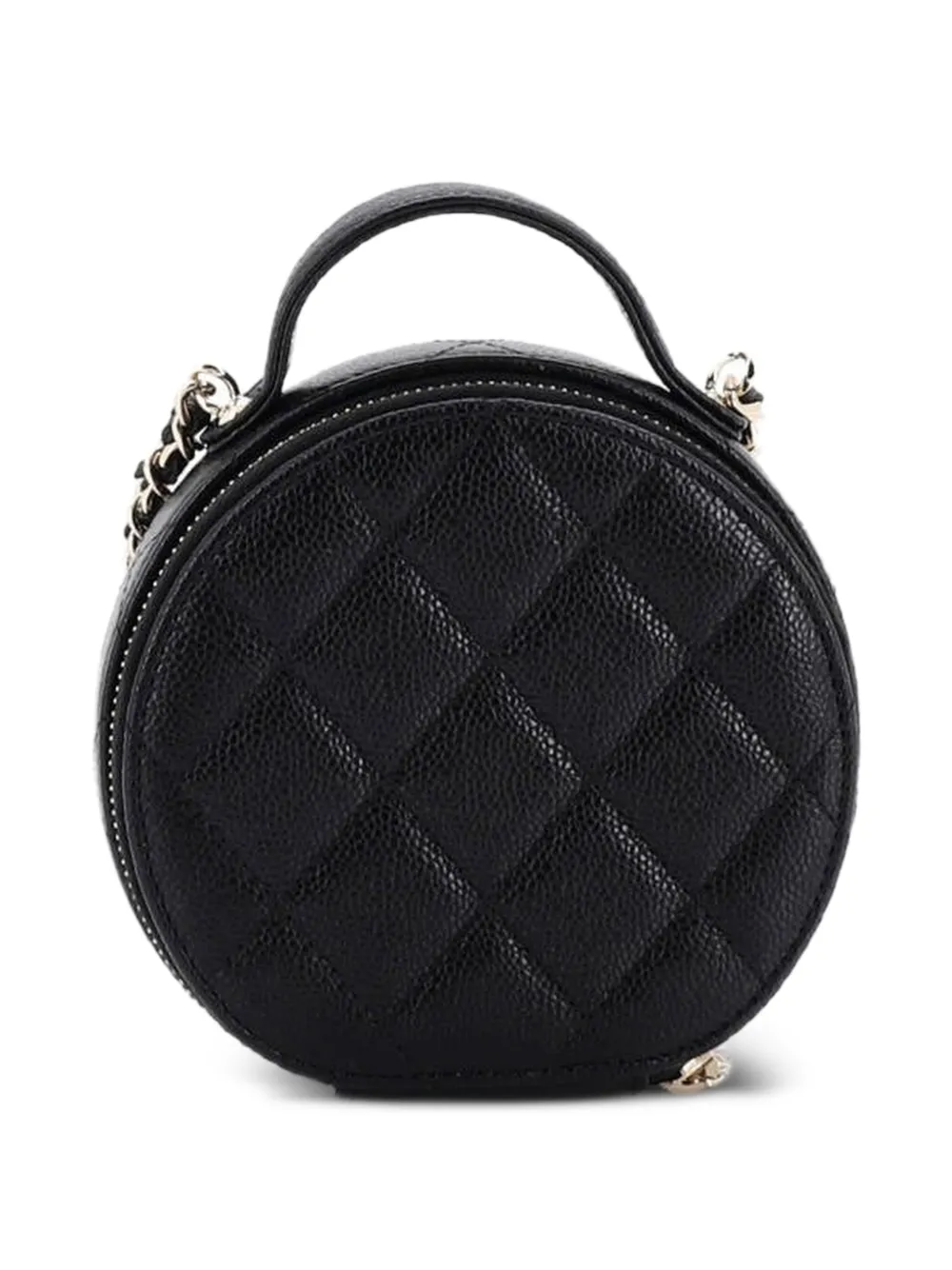 Chanel Pre-owned Handle with Care Round Vanity Case with Chain Quilted Caviar Small Crossbody Bag in Black, view 2