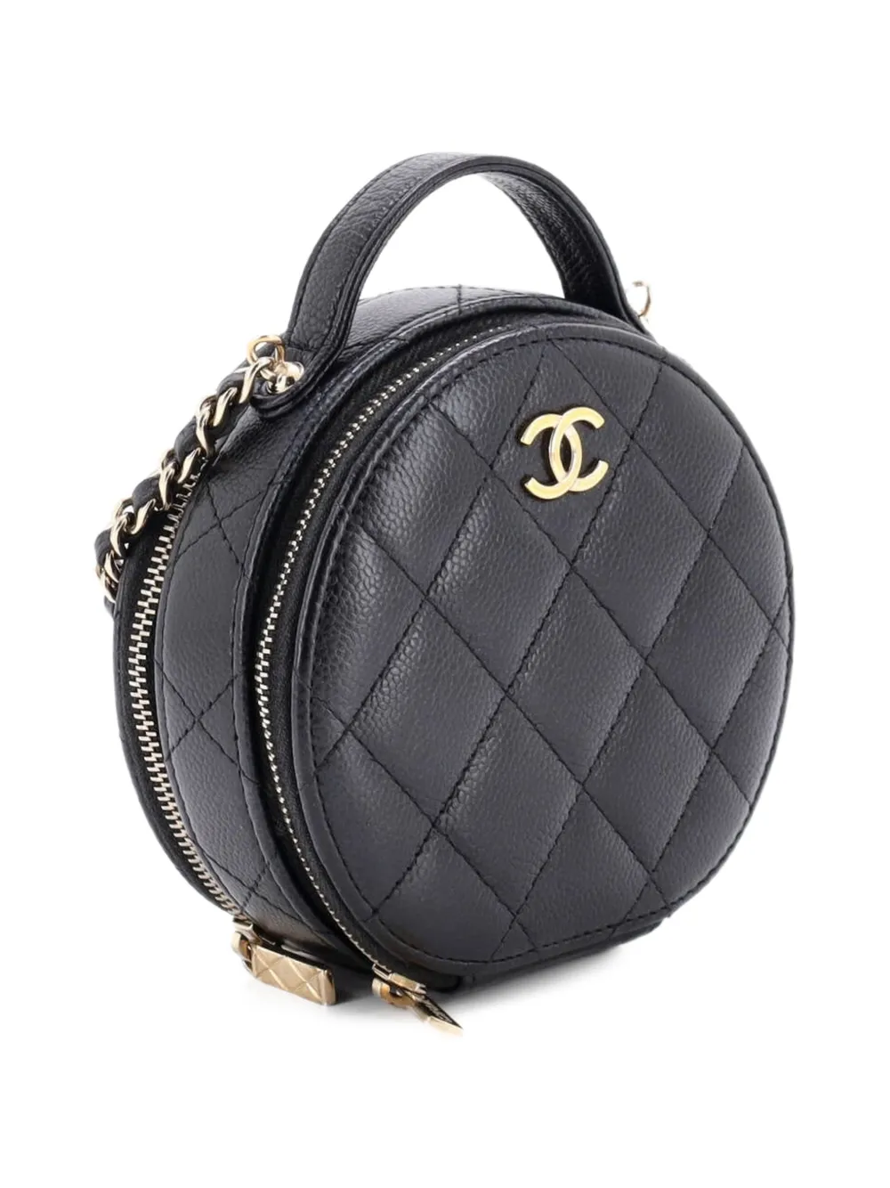  Chanel Pre-owned Bandolera Handle With Care Round Vanity Case Pequeña De Cuero Caviar Con Diseño Acolchado - Negro 