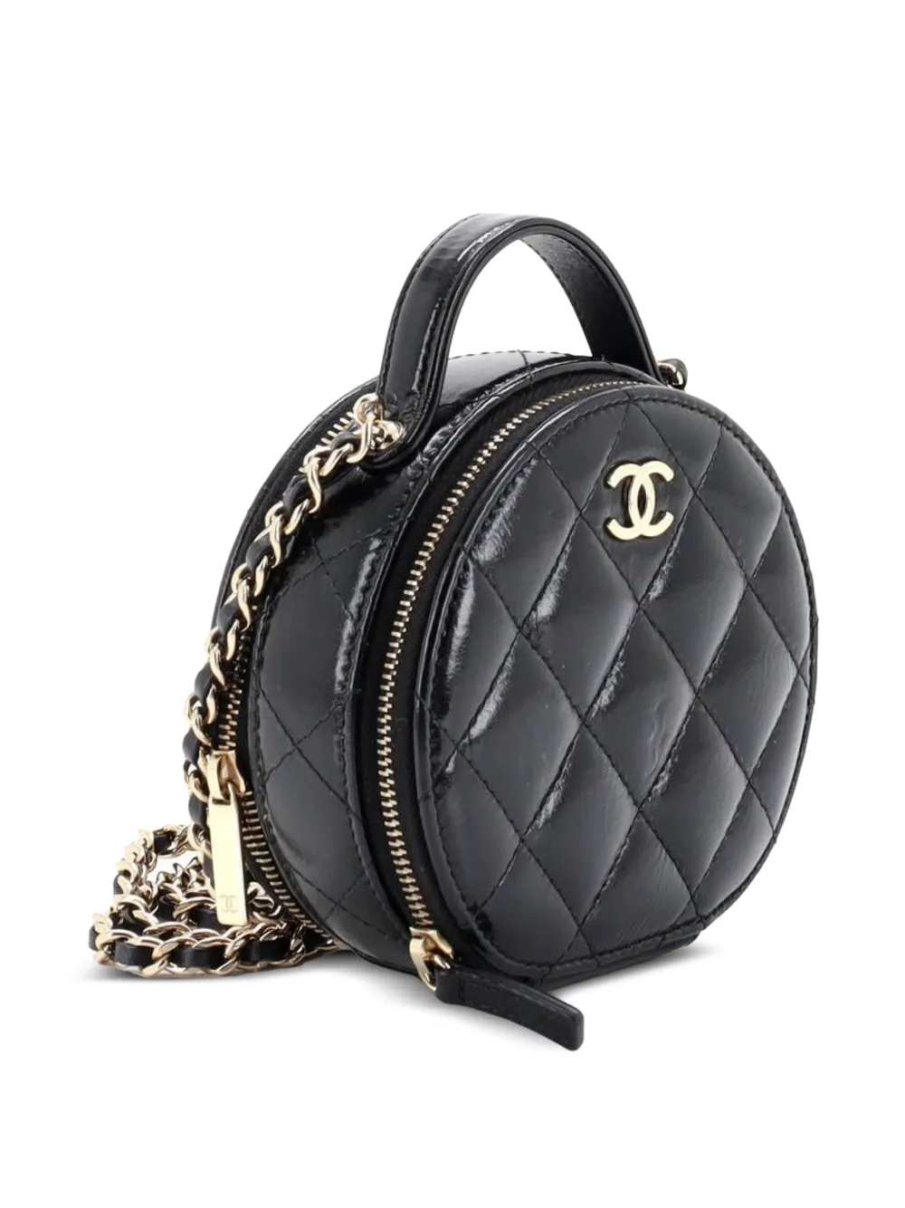  Chanel Pre-owned Petit Sac à Bandoulière Chaîne En Cuir D'agneau Matelassé Handle With Care Round Vanity Case - Noir 