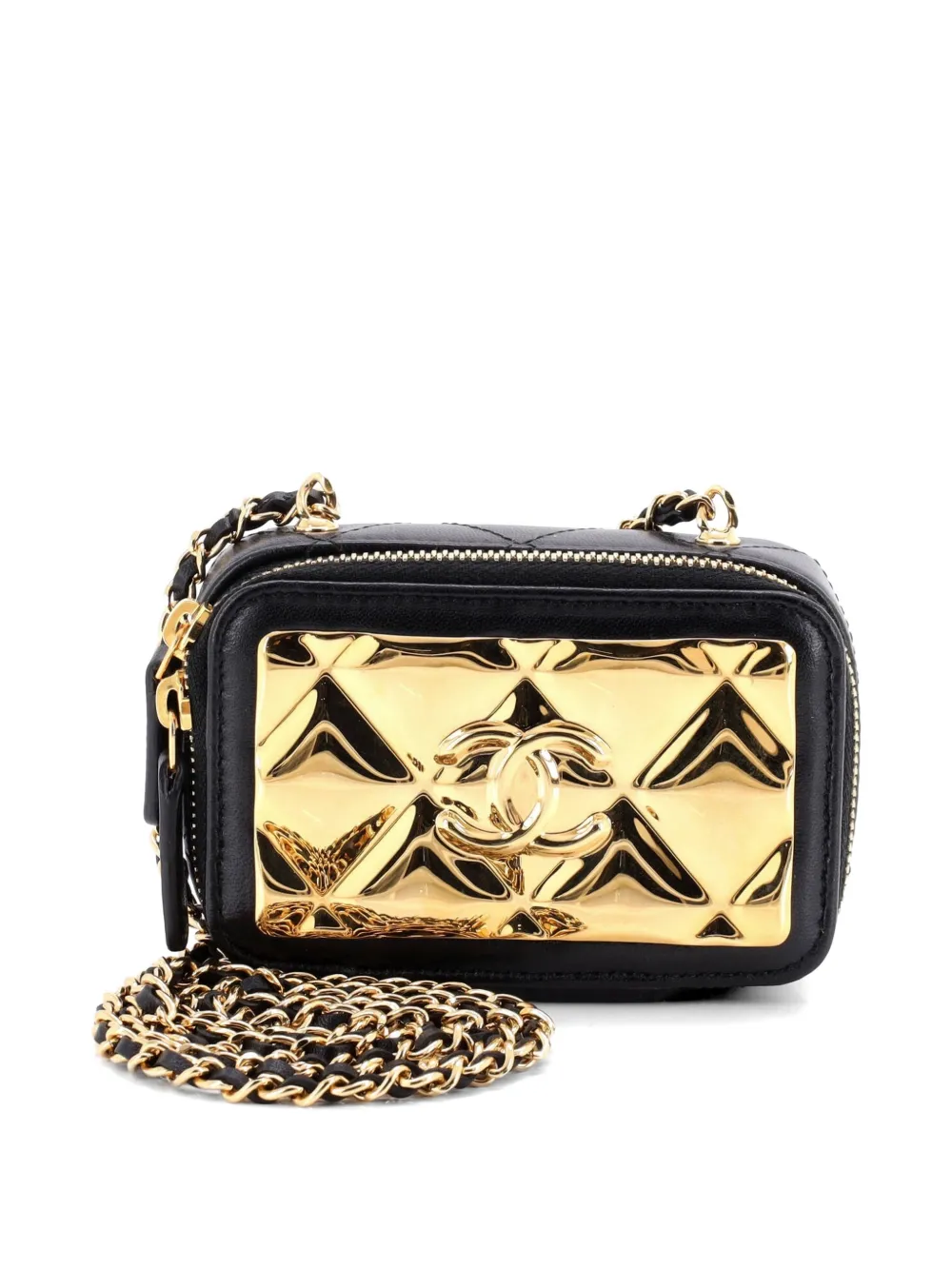 CHANEL Pre-Owned Golden Plate Zip Around Vanity Case with Chain Quilted Metal and Lambskin Extra Mini clutch bag - Nero