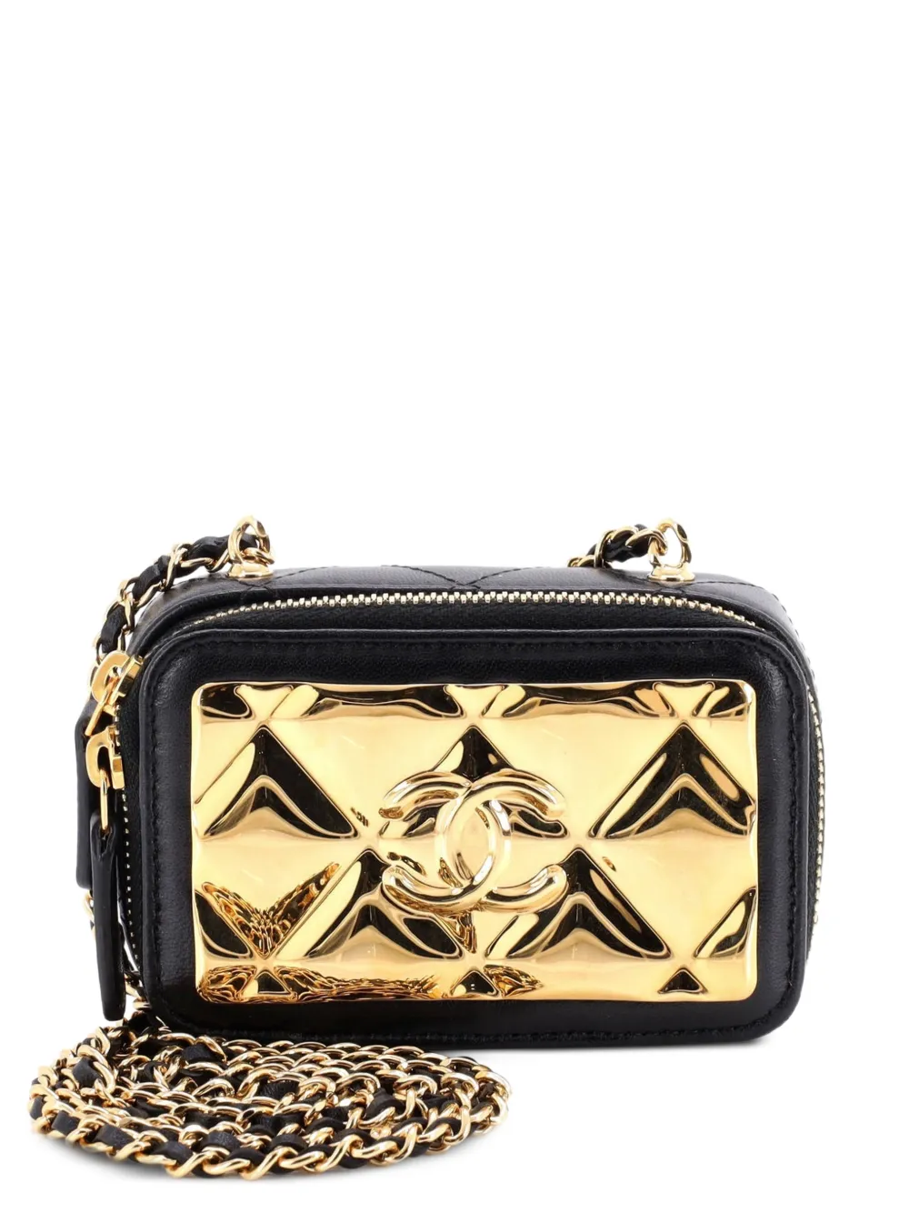 CHANEL Pre-Owned Golden Plate Zip Around Vanity Case with Chain Quilted Metal and Lambskin Extra Mini clutch bag - Nero