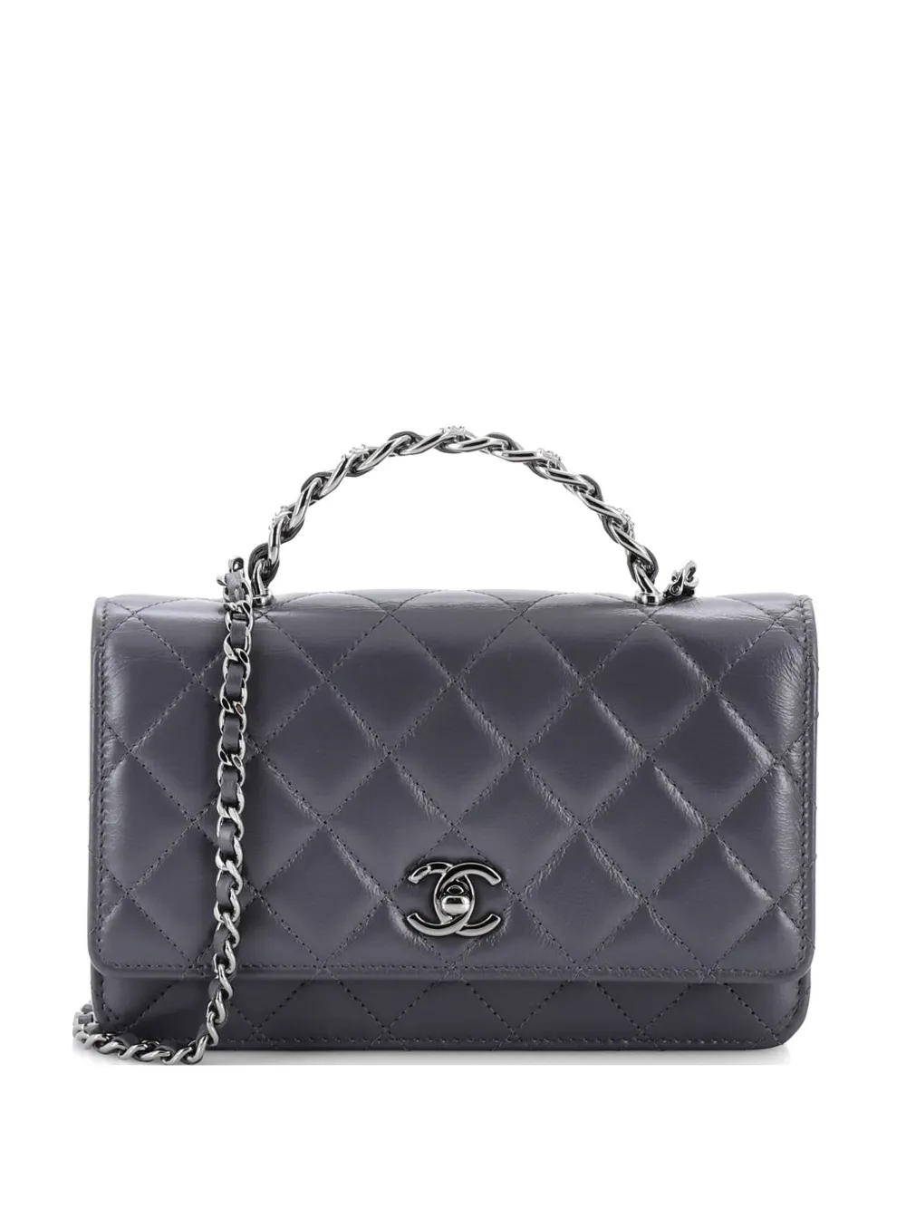 CHANEL Pre-Owned Top Handle Phone Holder with Chain Quilted Shiny Calfskin with Crystals crossbody bag - Grey