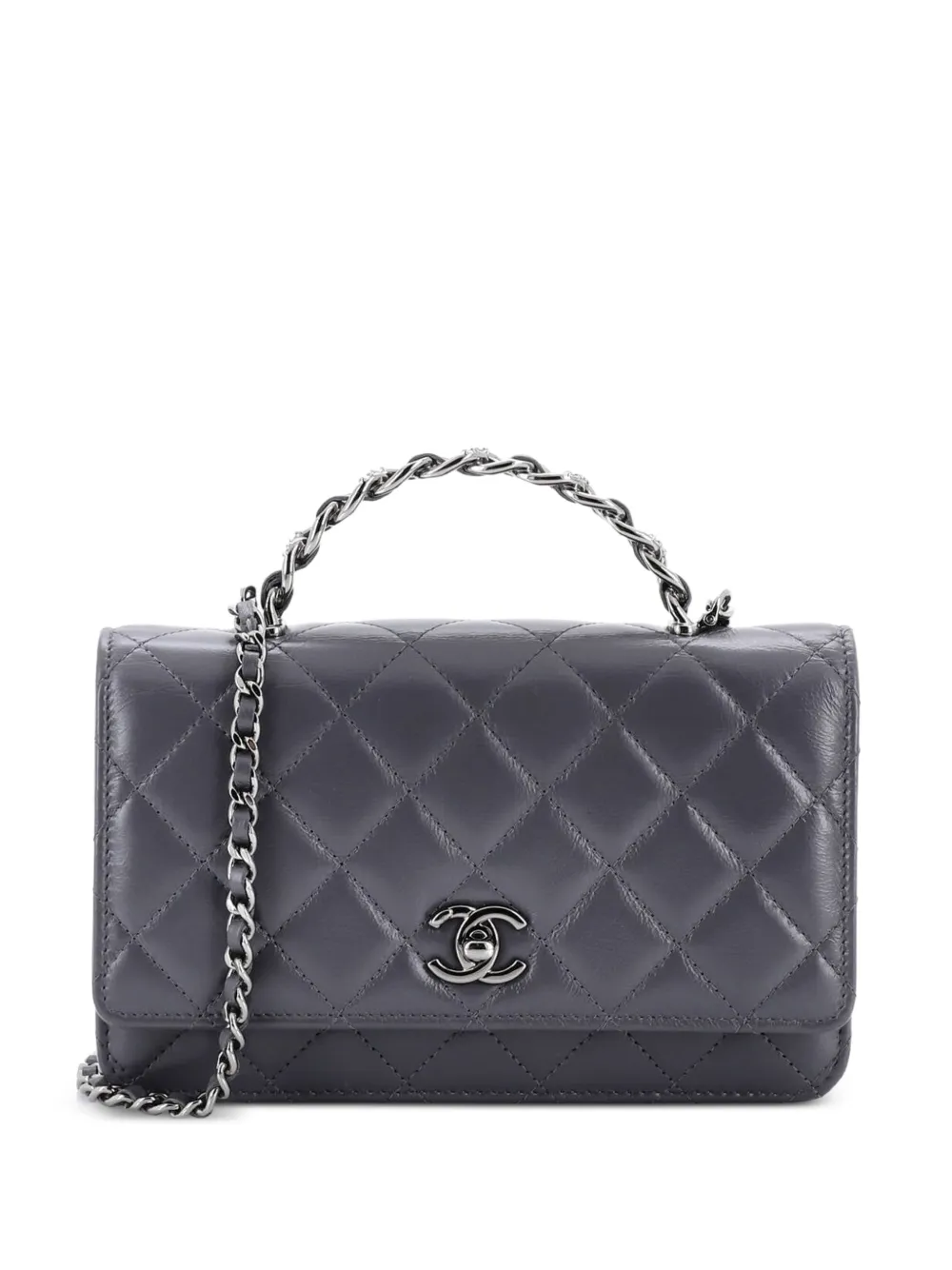 CHANEL Pre-Owned Top Handle Phone Holder with Chain Quilted Shiny Calfskin with Crystals crossbody bag - Grey