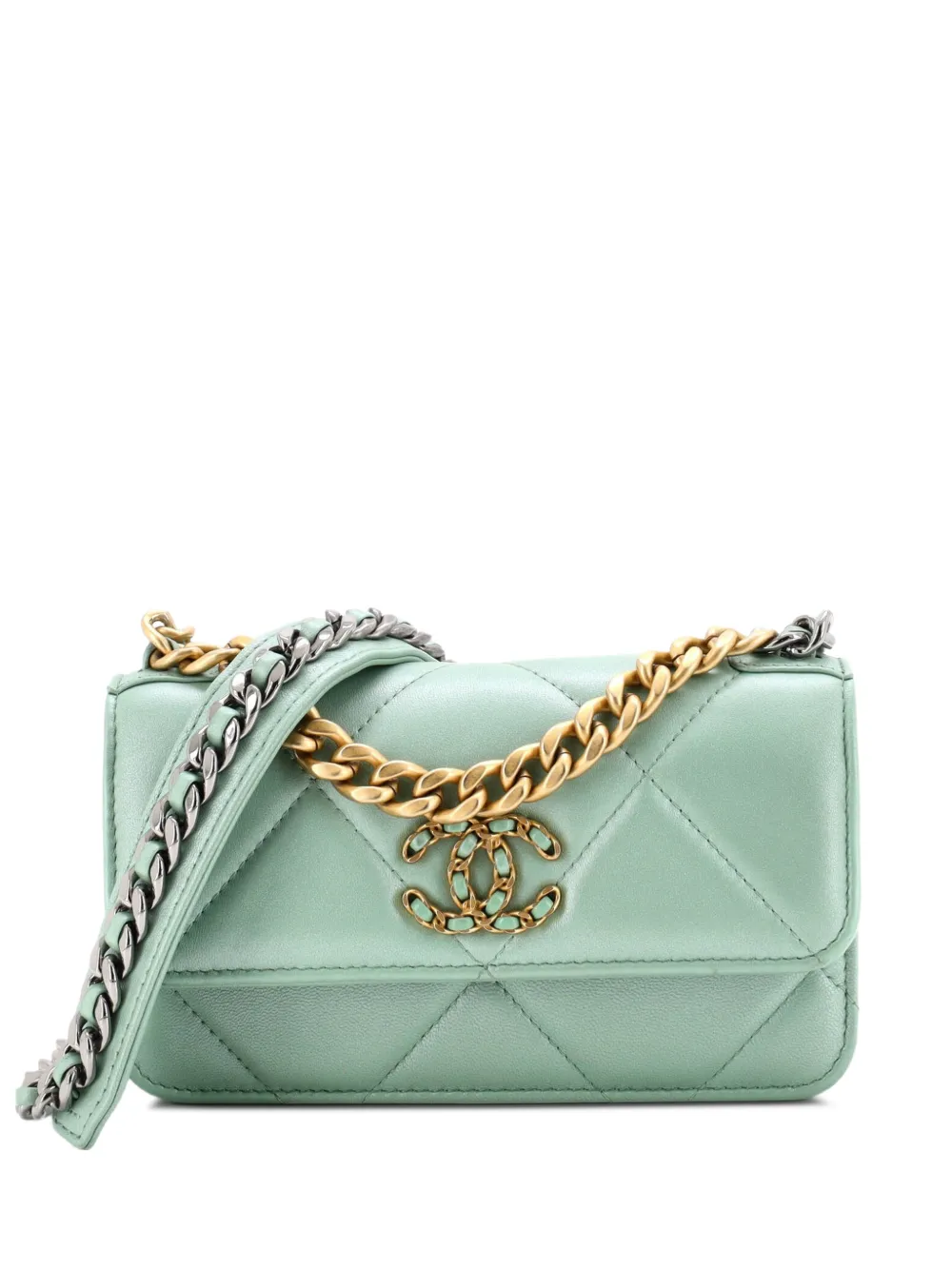 CHANEL Pre-Owned 19 Flap Phone Holder with Chain Quilted Lambskin crossbody bag - Verde