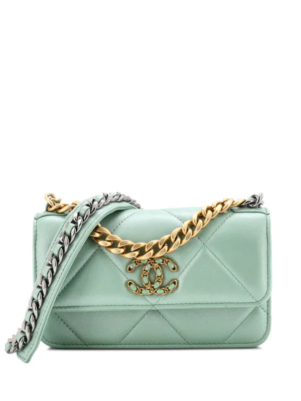 Chanel Pre-owned 19 Flap Phone Holder with Chain Quilted Lambskin Crossbody Bag in Green