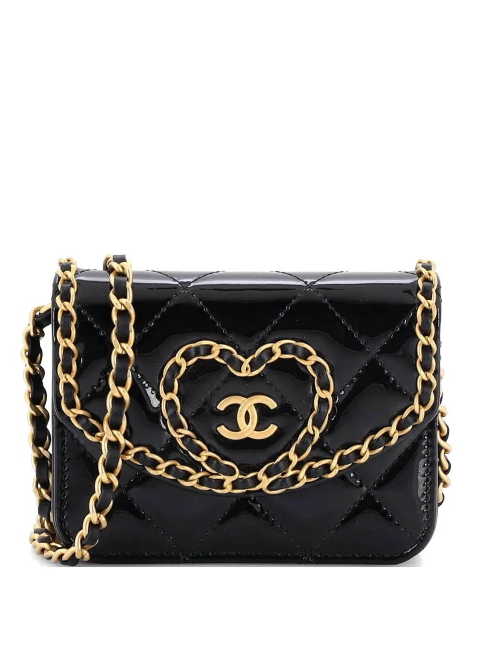 CHANEL Pre-Owned Heart Chain Flap Bag Quilted Patent Mini crossbody bag - Nero
