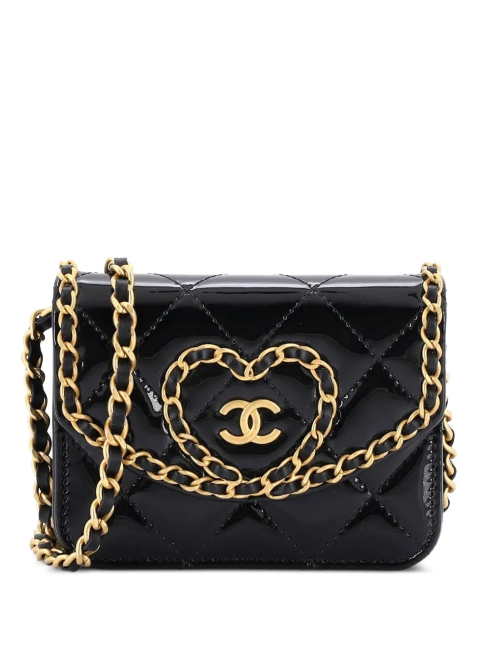 CHANEL Pre-Owned Heart Chain Flap Bag Quilted Patent Mini crossbody bag - Nero