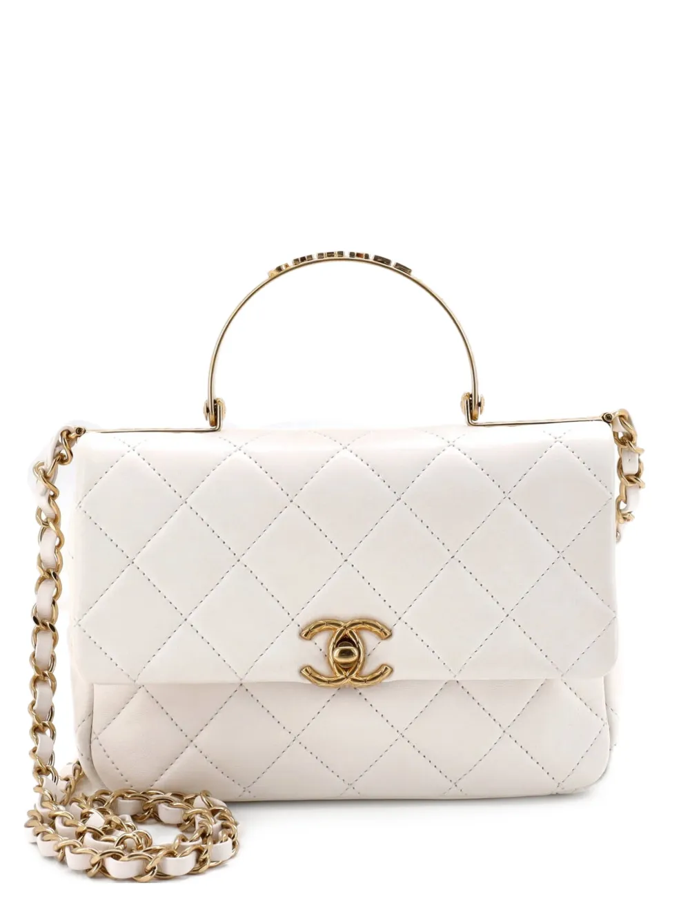 CHANEL Pre-Owned Logo Quilted Metal Top Handle Flap Bag Quilted Lambskin with Metal and Crystals Small shoulder bag - Bianco