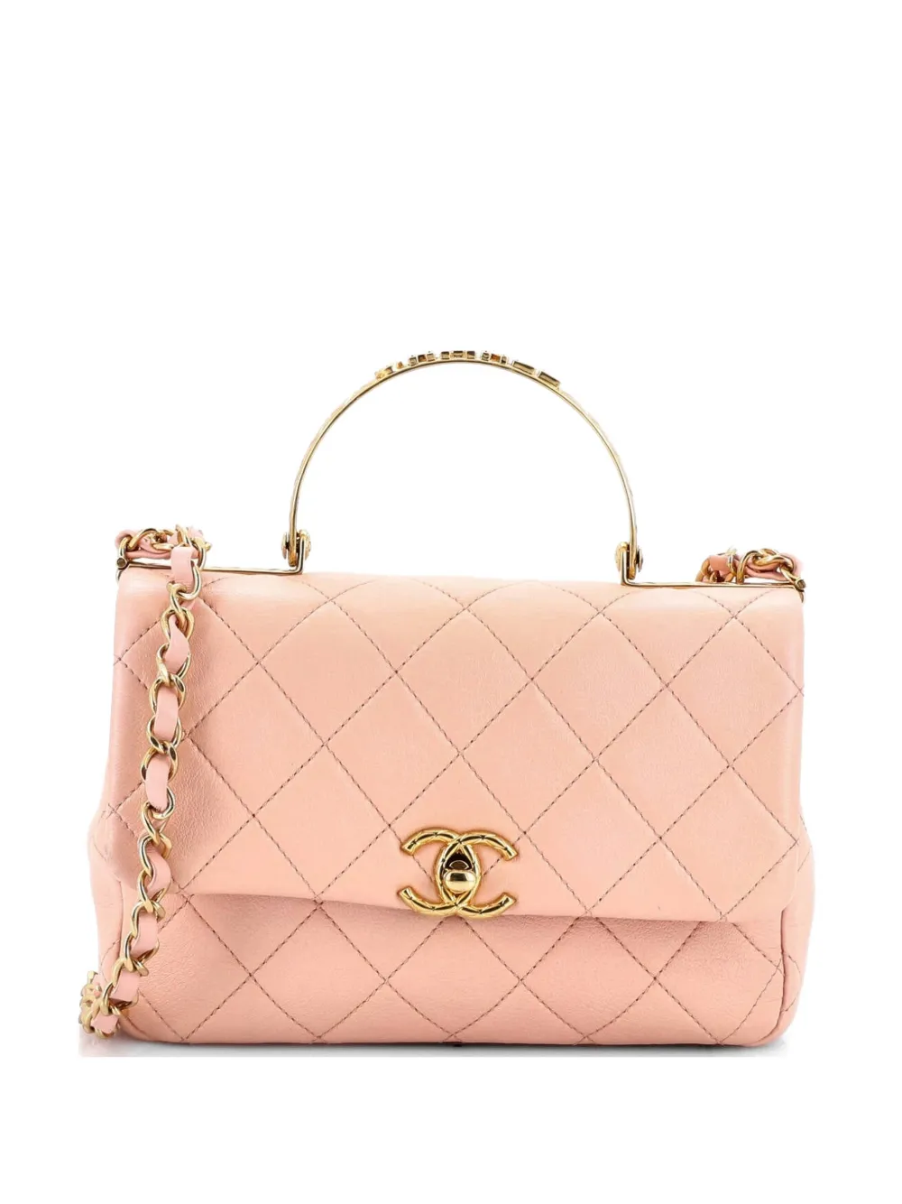 CHANEL Pre-Owned Logo Quilted Metal Top Handle Flap Bag Quilted Lambskin with Metal and Crystals Small shoulder bag - Pink
