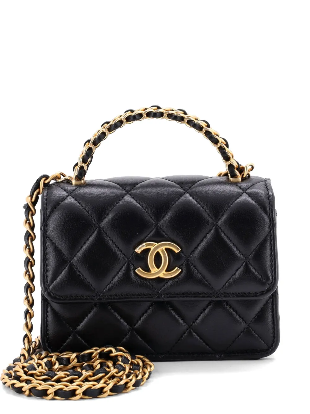 CHANEL Pre-Owned Woven Top Handle CC Flap Clutch on Chain Quilted Lambskin Small satchel - Black
